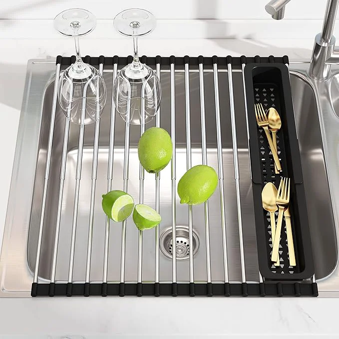 Elite JASIWAY Dish Drying Rack Roll Up Dryer Rack for Inside Sink Expandable 12.8 -23.8 D x 15.5 W 304 Stainless Steel Dish Drainers for Kitchen Counter Over Sink Cover with Utensil HolderAbout ThisOverview Casual