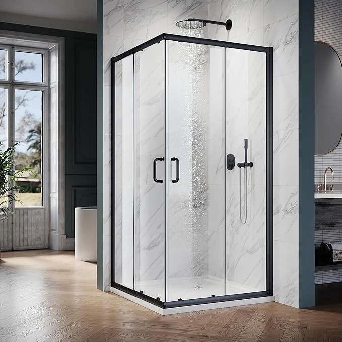 Breathable ELEGANT Corner Shower Enclosure 36 in.D x 36 in. W x 72 in. H Double Sliding Corner Shower Door with 1 4 in. Tempered Glass Sliding Shower Enclosure in Black Shower Base Not Included About ThisOverview Pure