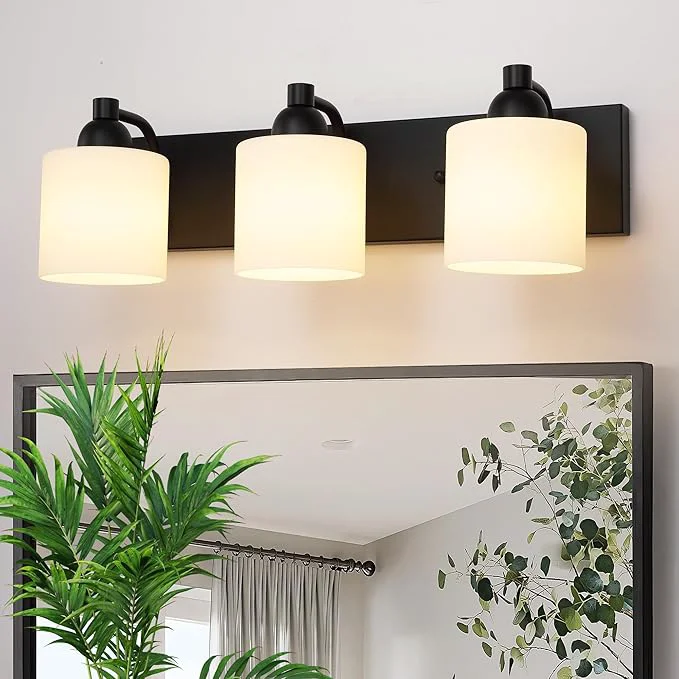 Superior Milk Glass Vanity Lights for Bathroom 3 Light Matte Black Bathroom Light Fixtures Over Mirror Ceramic E26 Sockets Wall MountedAbout ThisOverview User-Friendly