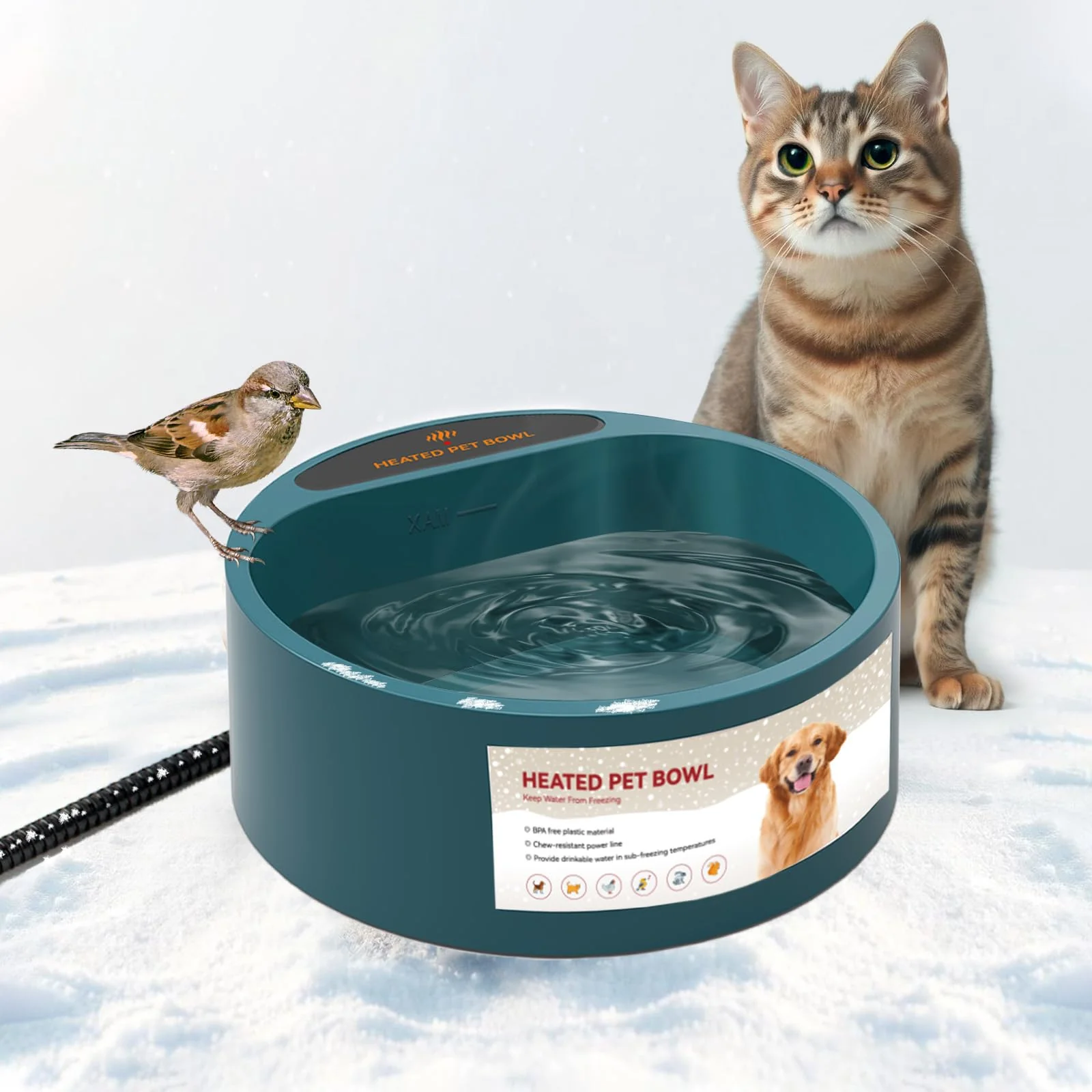 User-Friendly PETLESO Heated Water Bowl 2.2L Outdoor Pet Water Dish with Thermostat Long-Lasting