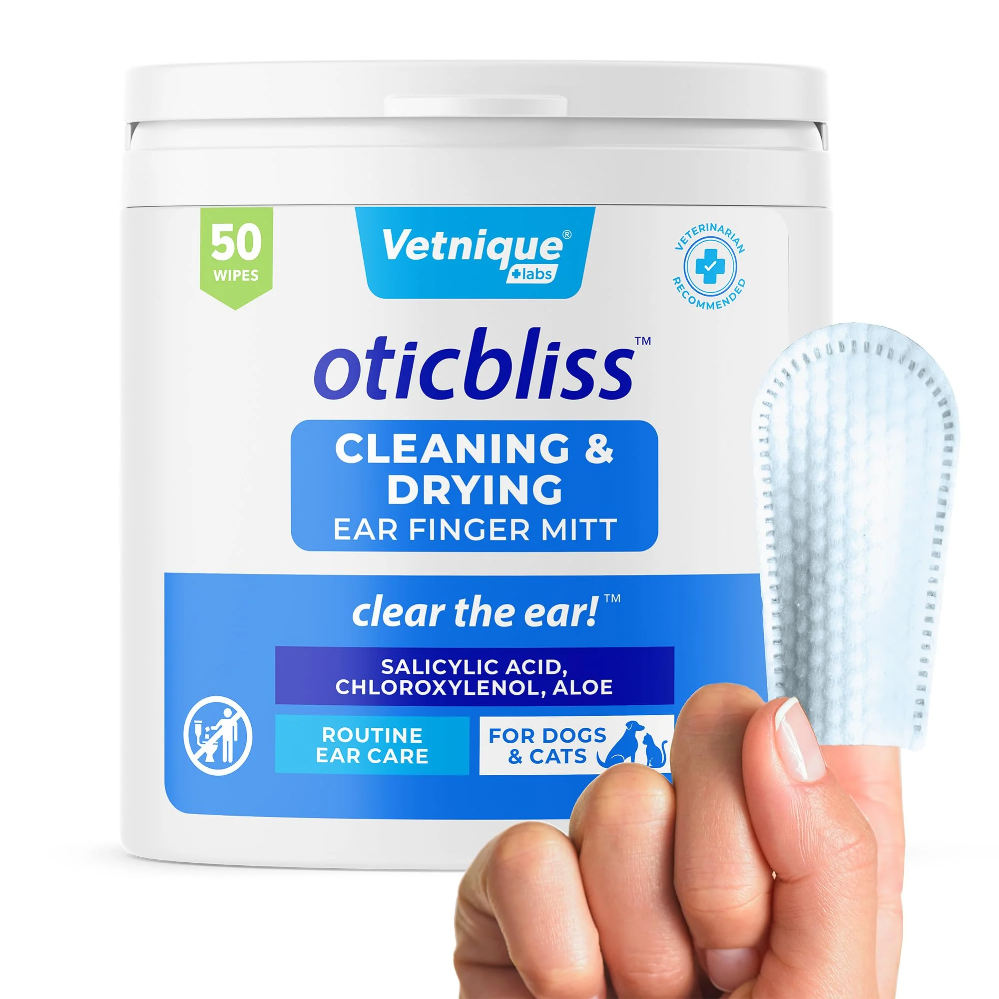 Easy-to-Use Vetnique Oticbliss Ear Wipes for Dogs Cats – Medicated Aloe Vera Salicylic Acid Effective
