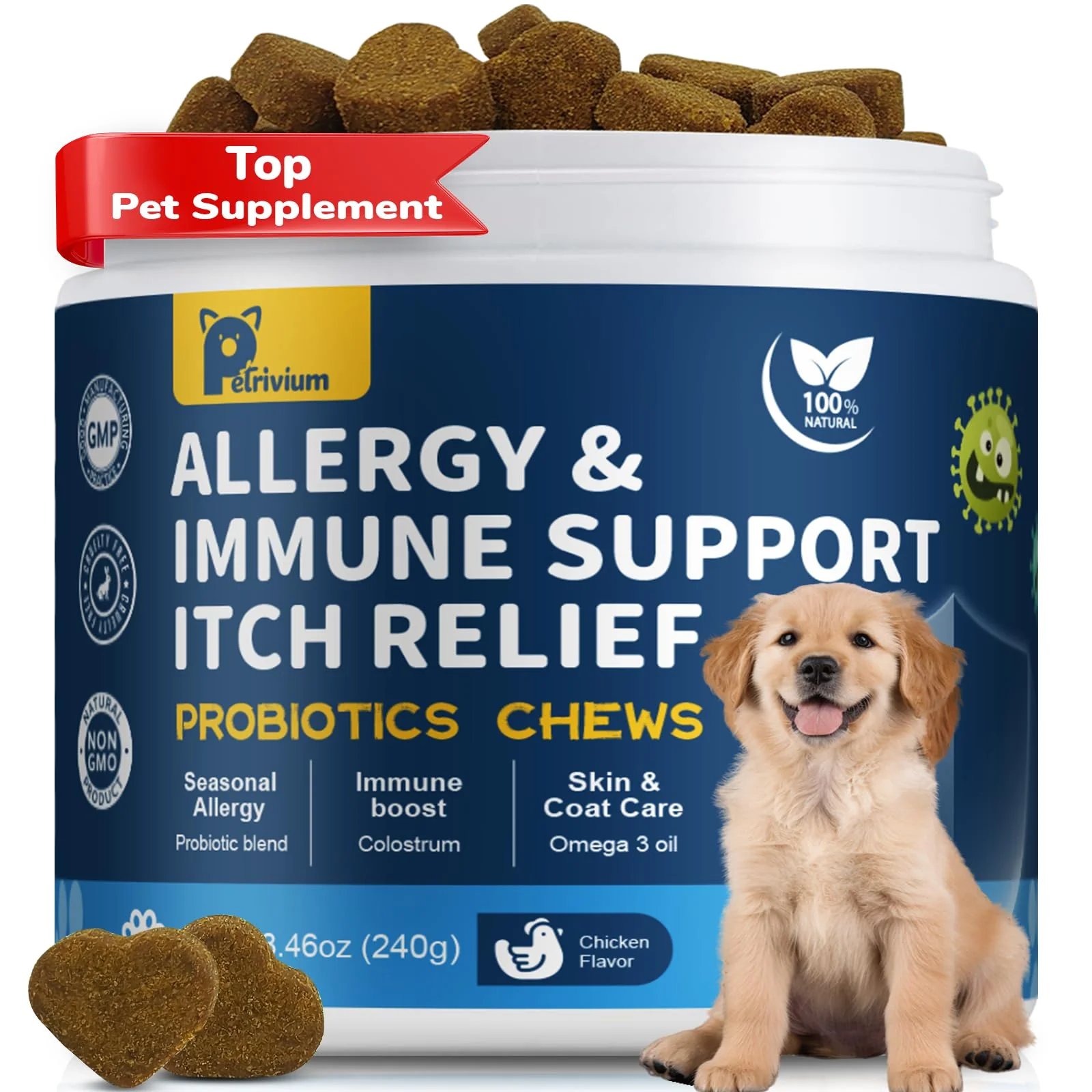 Refined Petrivium Dogs Allergy Itch Relief Chews – Probiotic Dog Supplement 120ct Elite