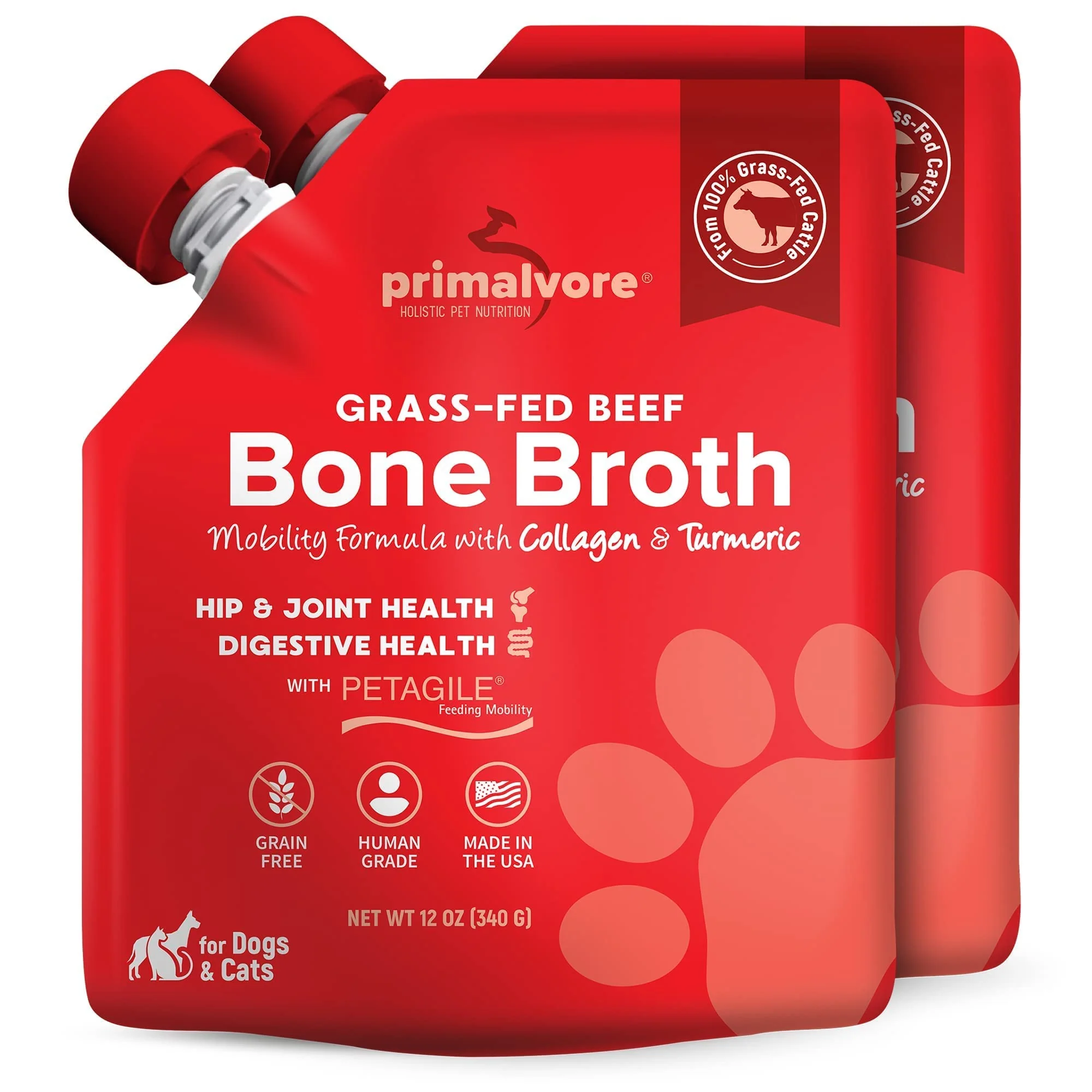 Exclusive Primalvore Grass-Fed Beef Bone Broth for Dogs Cats – Mobility Formula with Collagen Peptides Human Grade USA Made – Beef 2 Pack Smooth