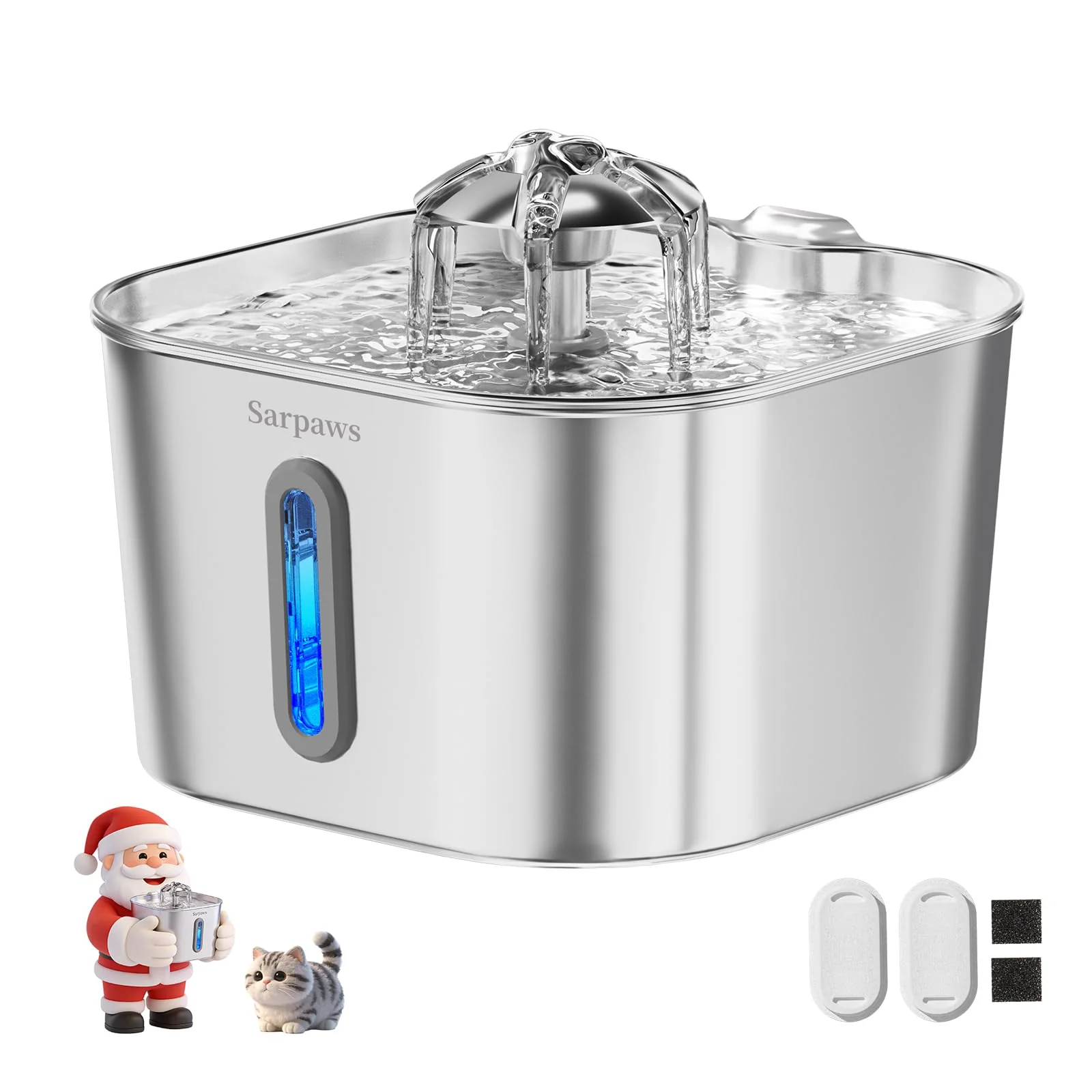 Trendy Sarpaws Cat Water Fountain Stainless Steel — 74oz 2.2L Ultra-Quiet 2 Filters 2 Sponges Smart