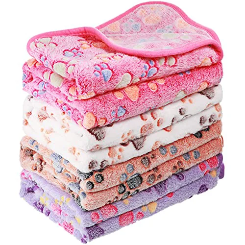 Authentic Tatuo 4 Pcs Paw Print Dog Blanket Set – Soft Fleece Pet Blankets Medium 30 x 20.5 in White Coffee Pink Purple Long-Lasting