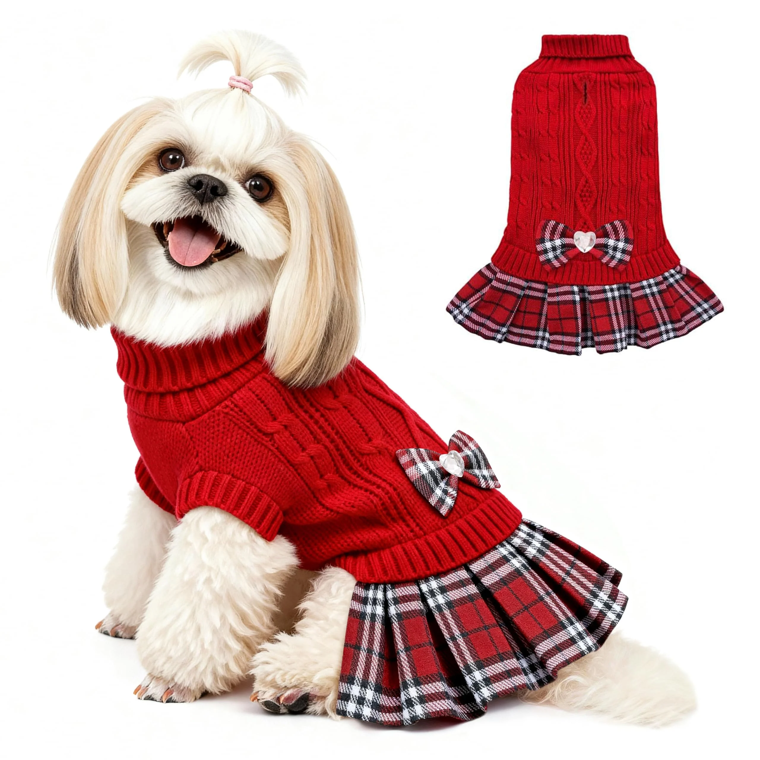 Natural YUDODO Small Dog Sweater Dress with Bowtie Turtleneck - Red Knit for Chihuahuas Yorkies Size M Contemporary