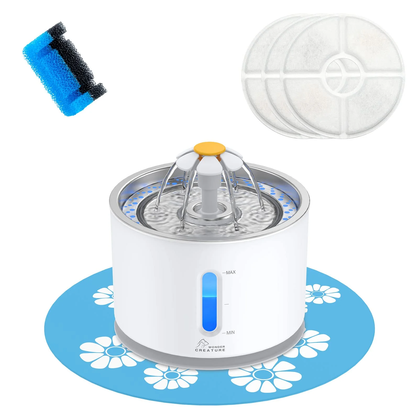 Exclusive Wonder Creature Cat Water Fountain Stainless Steel – 81oz 2.4L Water Level Window LED Shortage Alert 3 Filters Mat First-Class