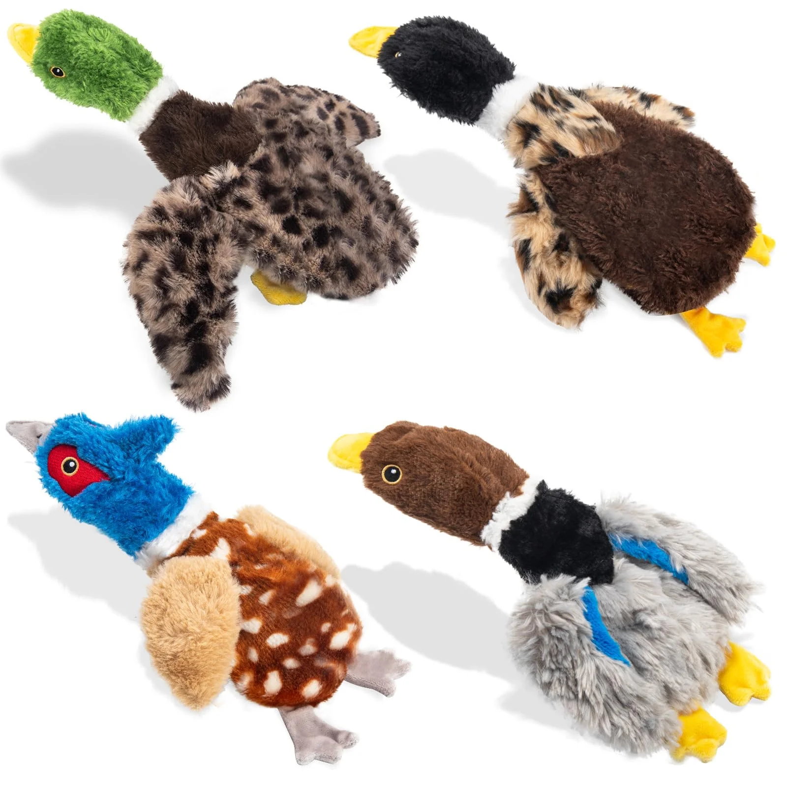 Stylish Calibonbon 4-Pack Dog Squeaky Bird Toys – Durable Plush Set Duck Pheasant Goose Mallard Smooth