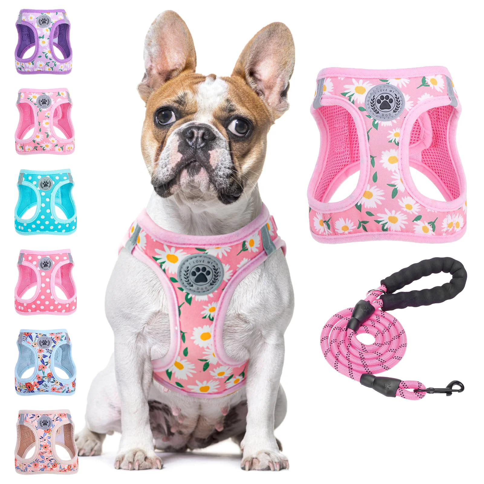 Smart BEAUTYZOO Step-in Floral Harness 5ft Leash Set Reflective No-Pull Padded Mesh Powerful