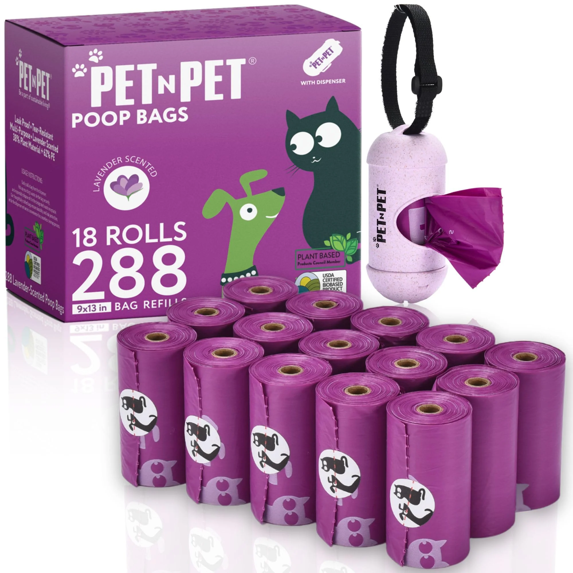 Artisan PET N PET Lavender Scented Poop Bags for Dogs — 288 Count with Leash Dispenser 38 Plant-Based Genuine