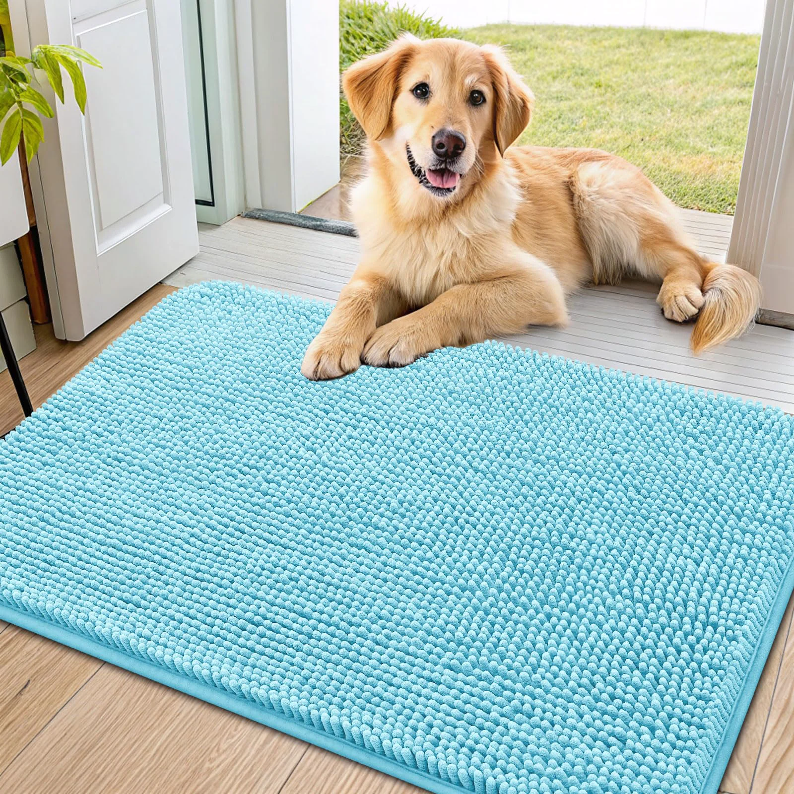 Efficient Smiry Dog Door Mat 36x24 – Absorbent Chenille Non-Slip Quick-Dry Sky Blue Casual