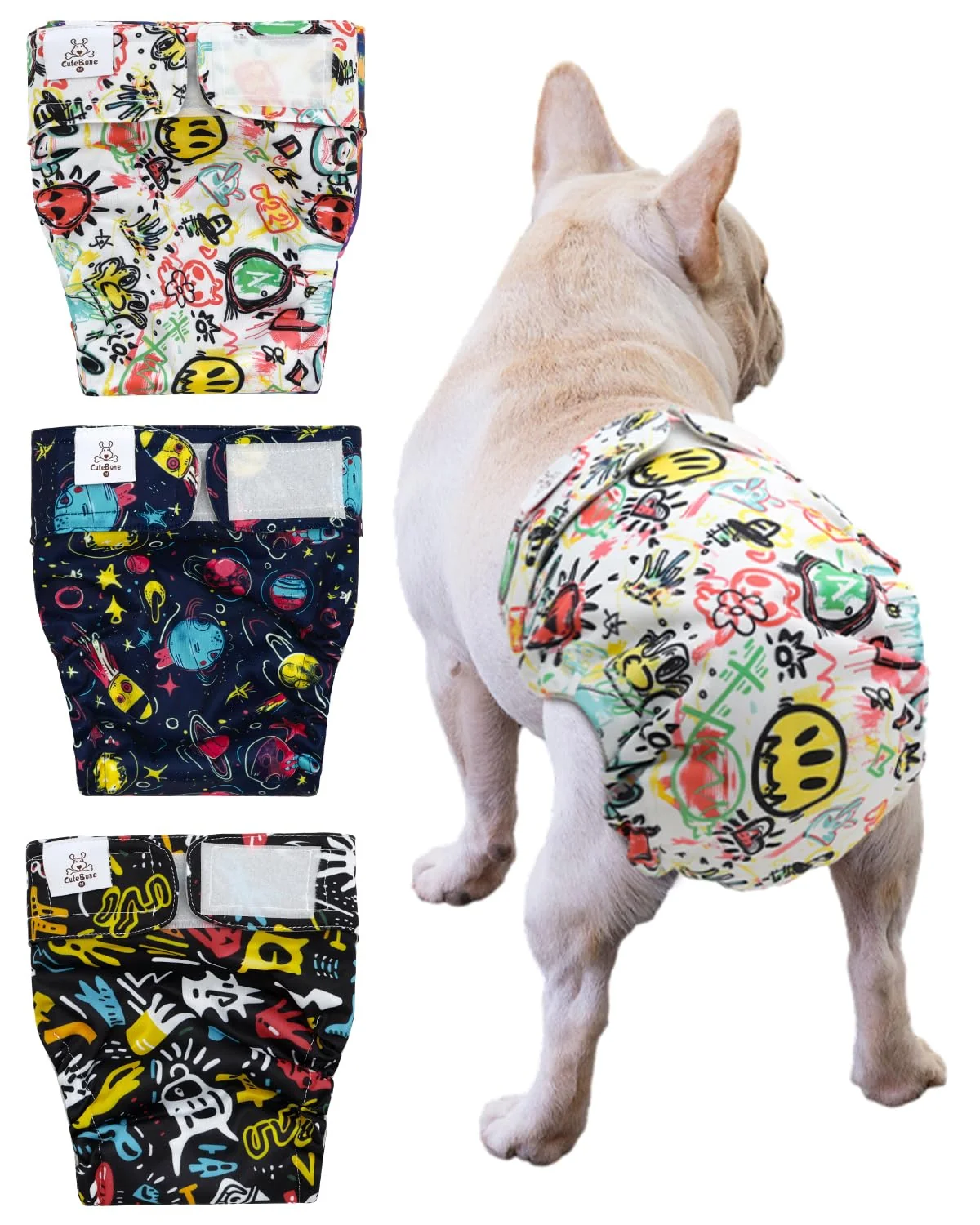 Original Design CuteBone Washable Dog Diapers - Female No Tail Hole Docked-Tail 3 Pack Exclusive