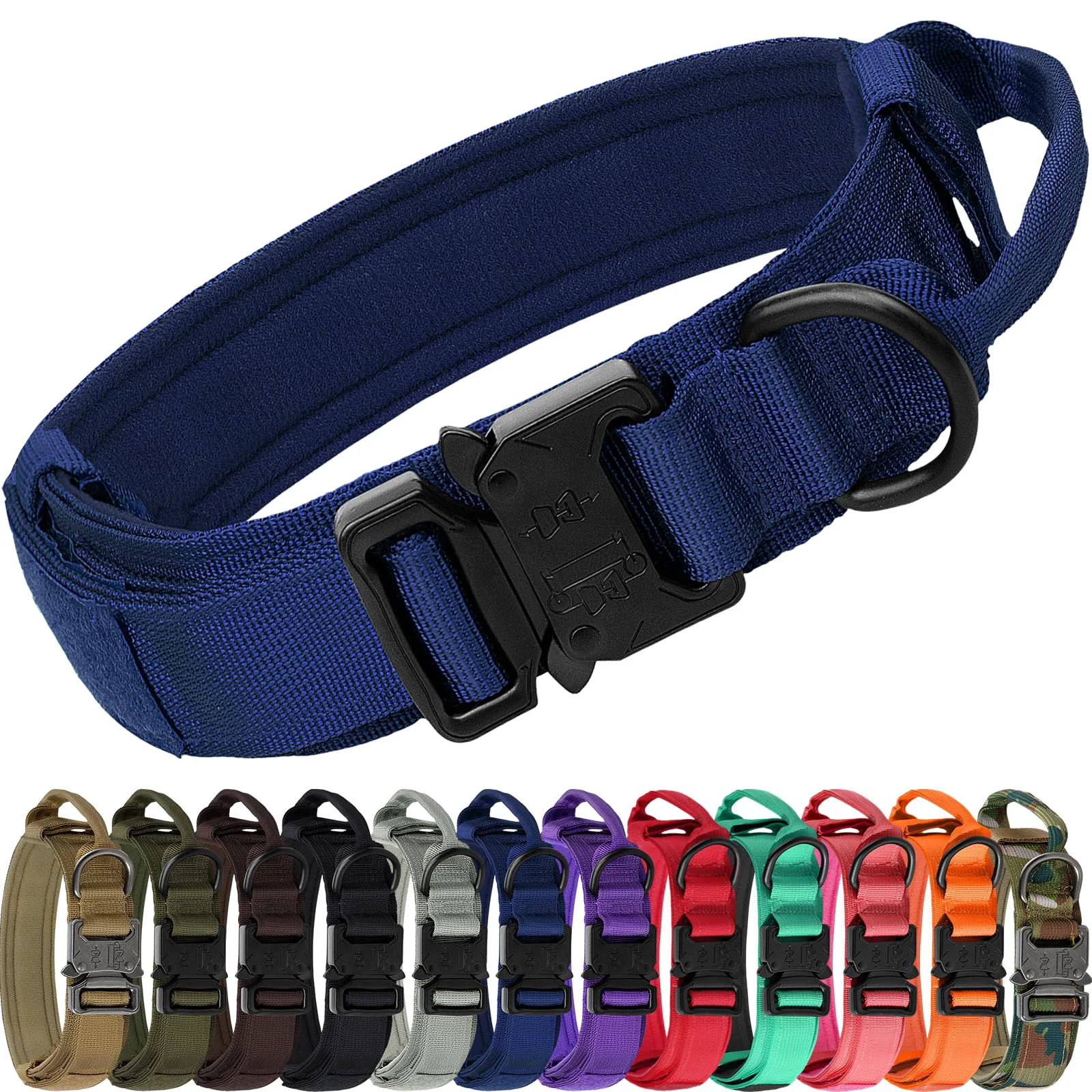 World-Class Joytale Tactical Dog Collar with Handle – Heavy-Duty XL Navy Blue 2 Patches Recyclable