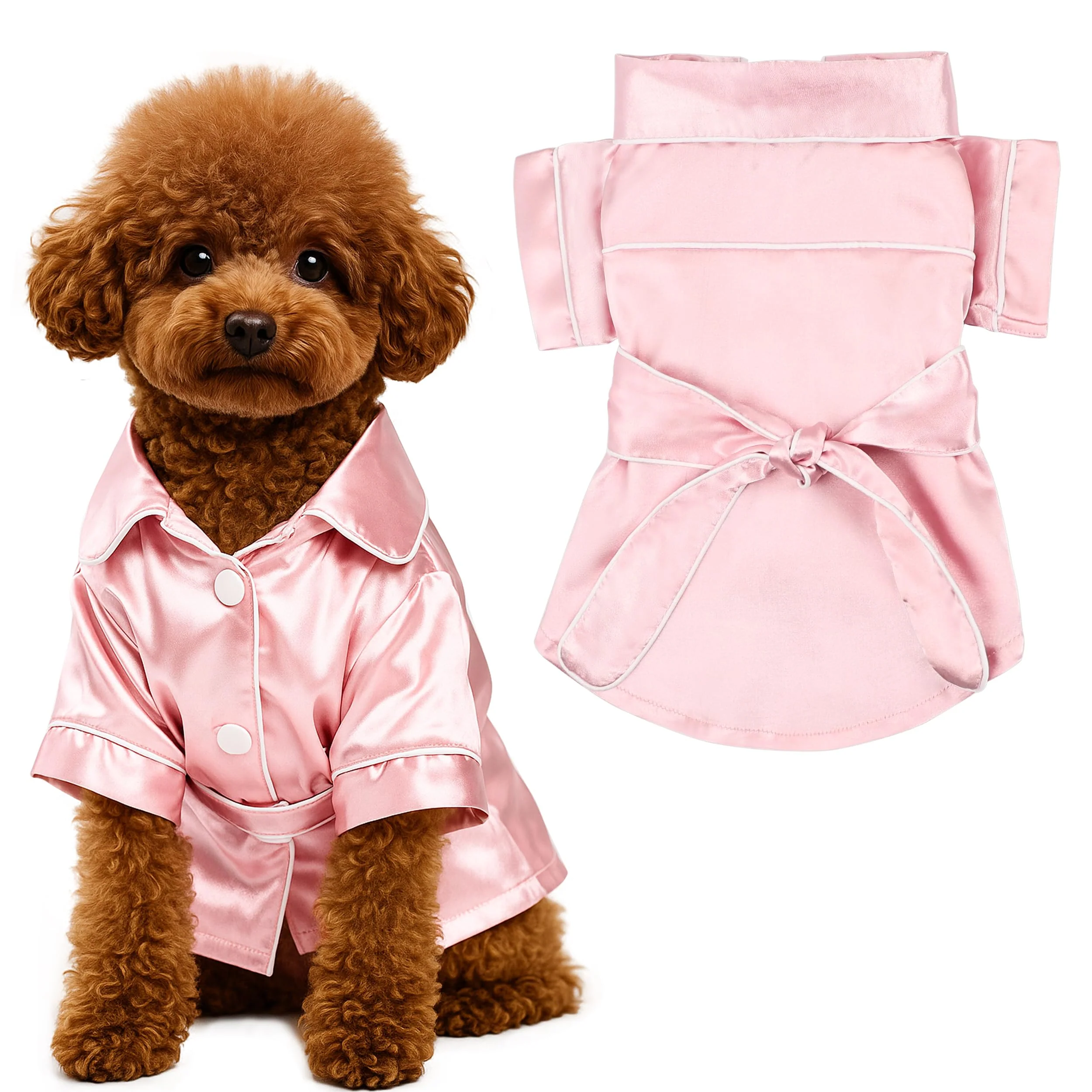 Sustainable MEEYI Dog Silk Pajamas – Small Pink Satin Sleepwear with Belt Lapel Pjs for Small Dogs Premium