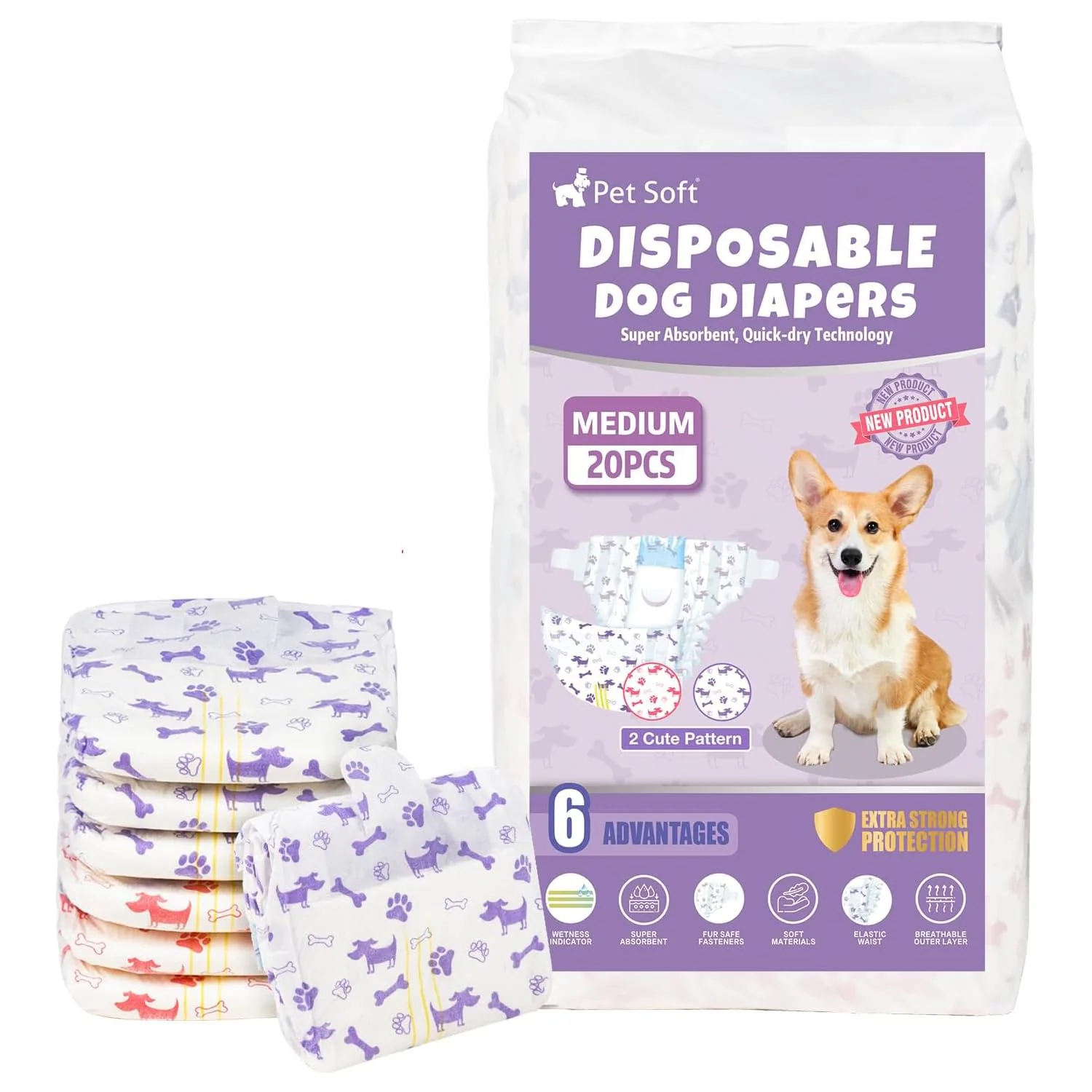 Quality Pet Soft Female Dog Diapers – Wetness Indicator Medium 20ct Mixed Patterns For Heat or Incontinence Recyclable