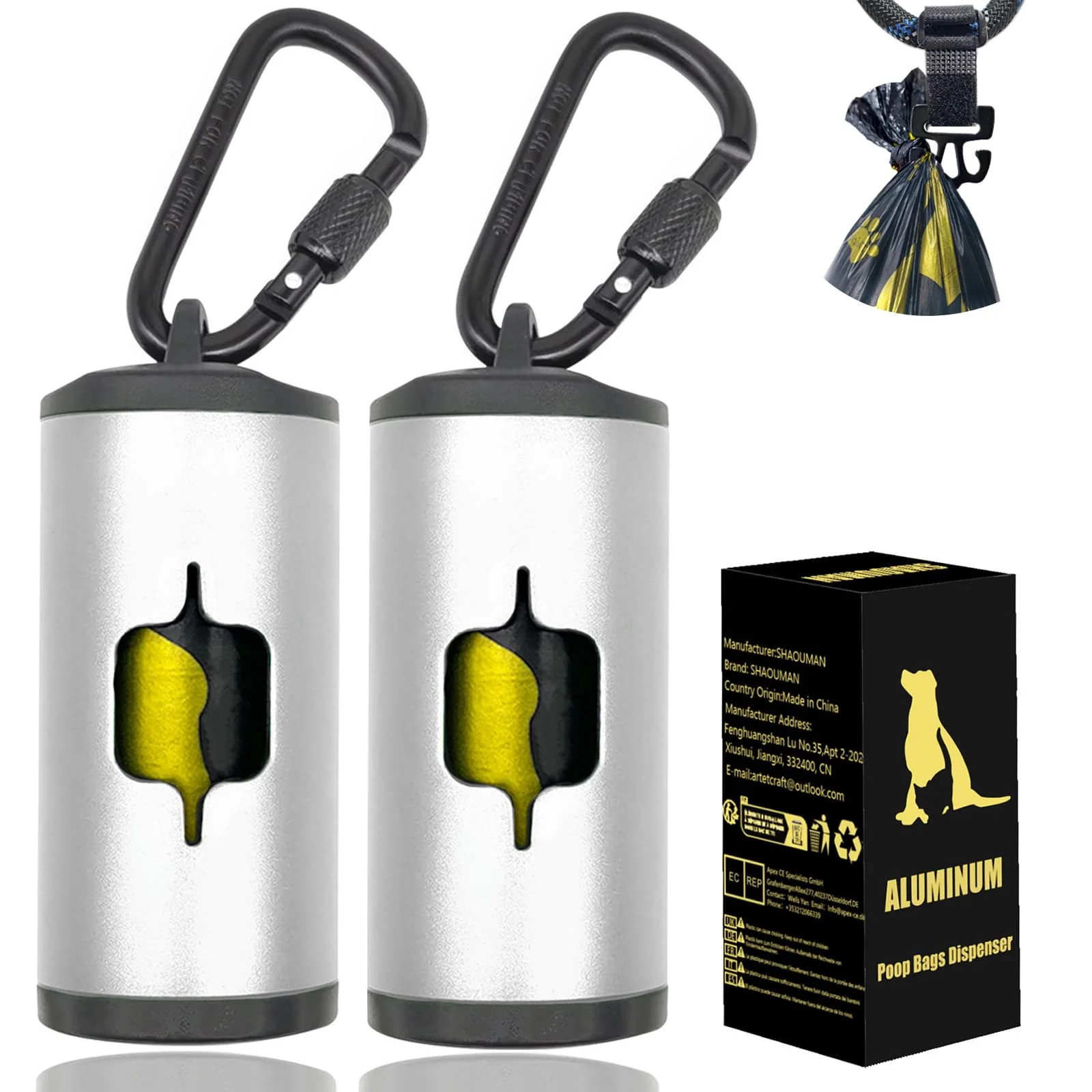 Versatile SHAOUMAN Metal Dog Poop Bag Holder 2-Pack with Leash Clip Scratch-Resistant Aluminum Environmentally Friendly