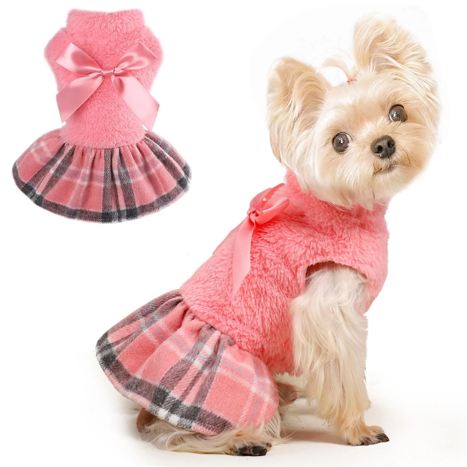 Versatile Shifenmei Dog Winter Clothes – Plaid Fleece Sweater Dress for Small Dogs Official