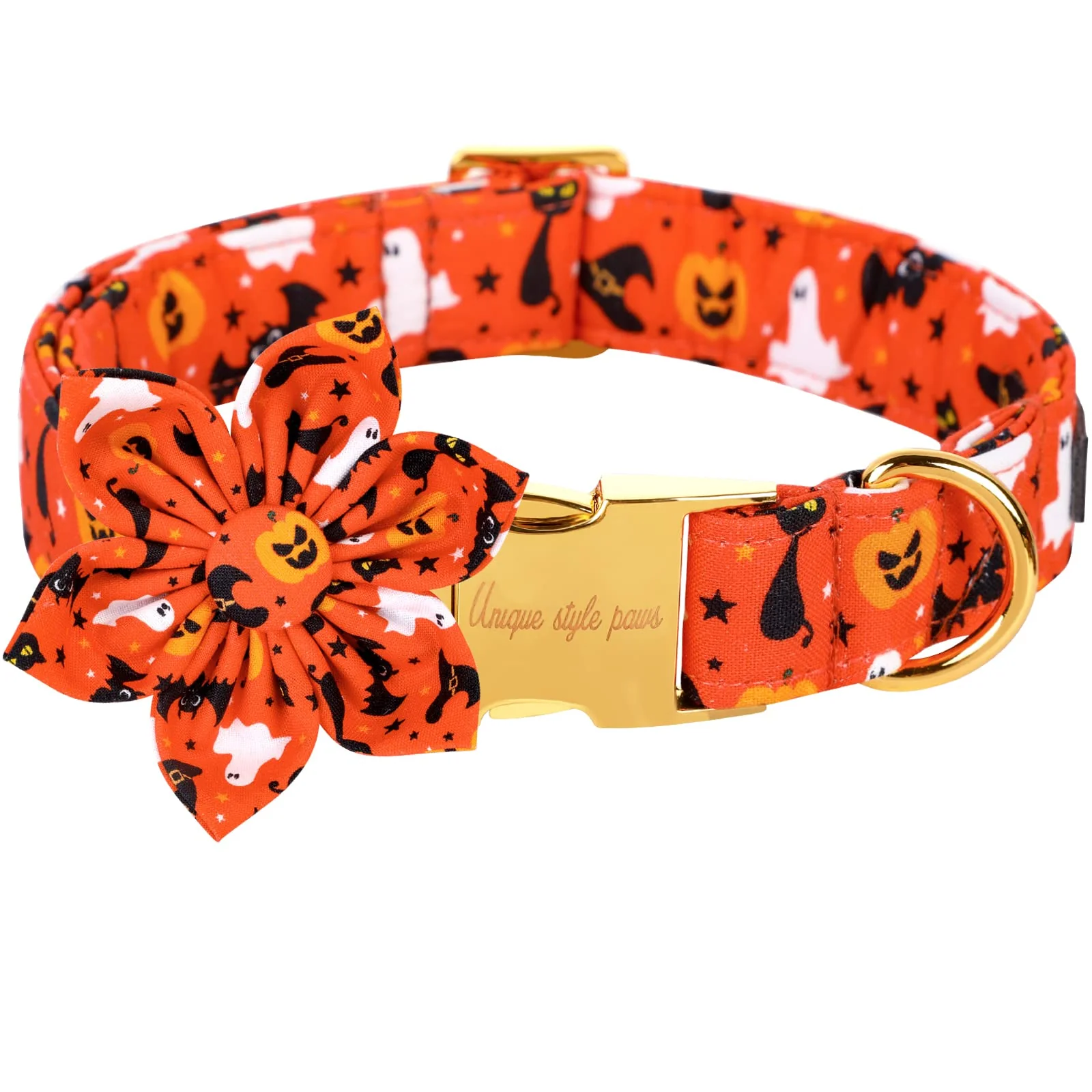 World-Class Unique Style Paws Halloween Dog Collar with Flower Tie – Cotton Adjustable Puppy Collar for Small to Large Dogs Trendy