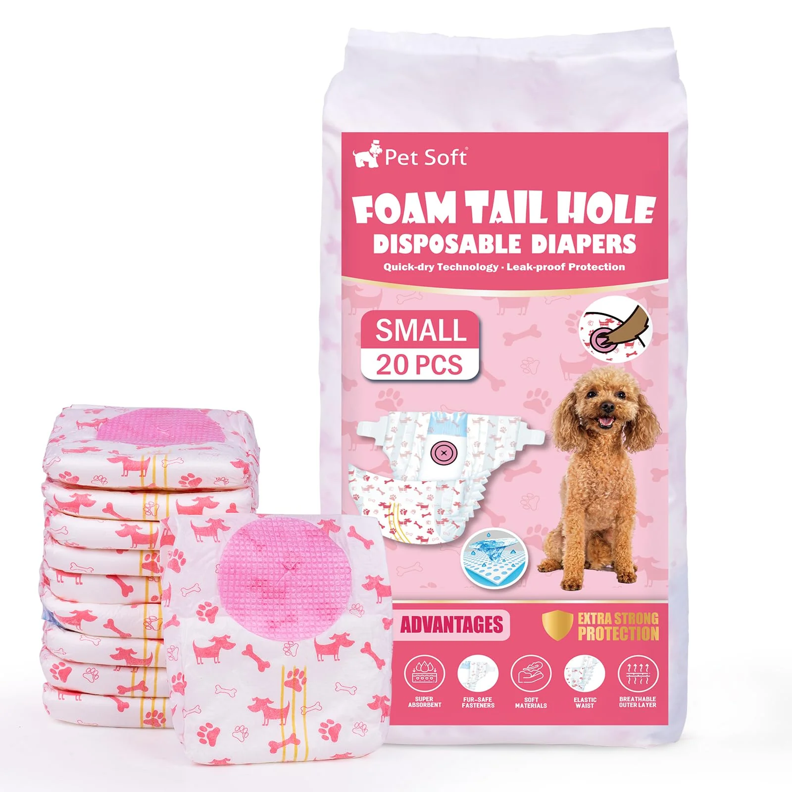 Long-Lasting Pet Soft Disposable Dog Diapers - Female Adjustable Foam Tail Hole Wetness Indicator Ultra Protection 20ct Small S Red Functional