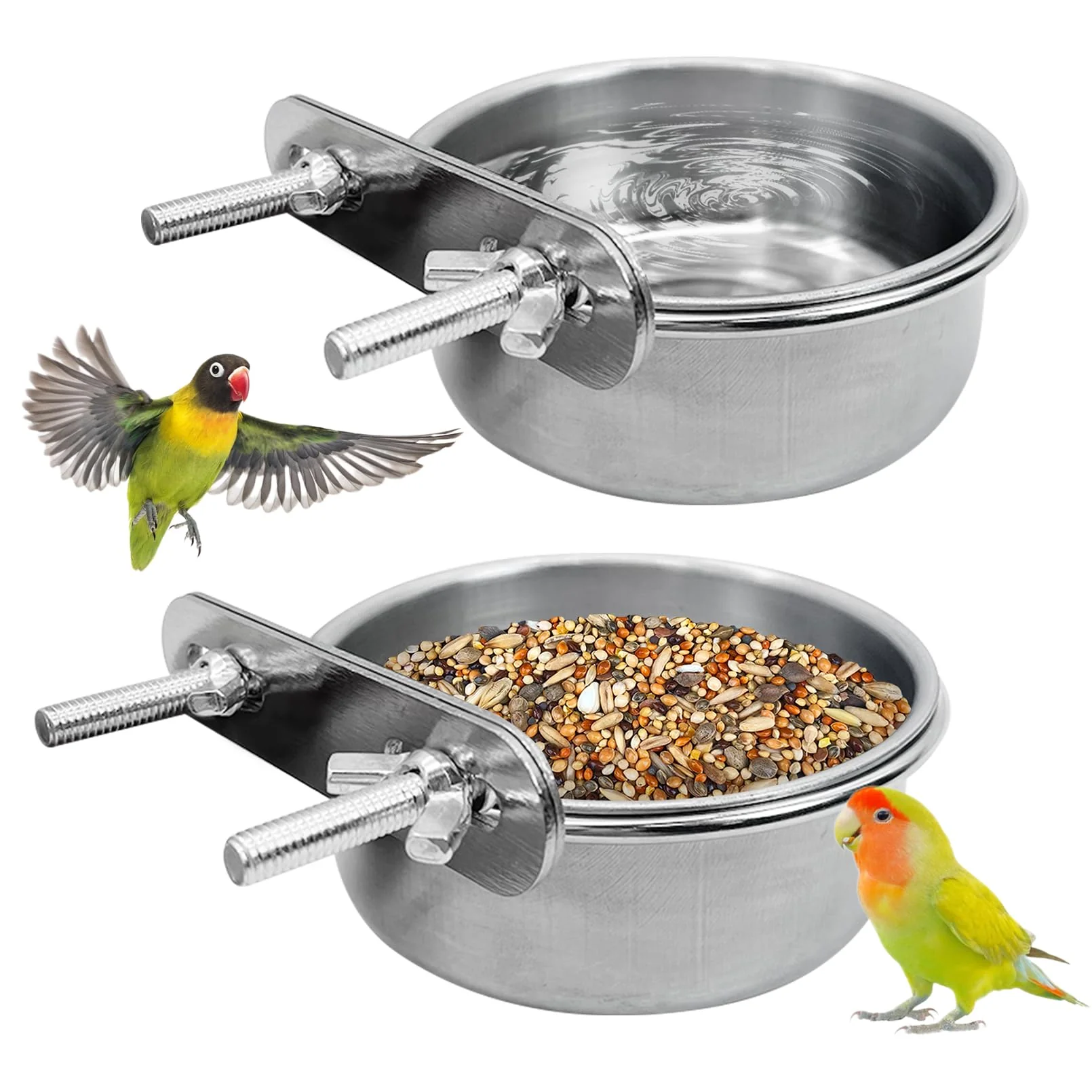 Dependable PINVNBY 2PCS Stainless Steel Bird Bowl with Clamp Holder Cage Feeding Dishes for Parrots Small Pets Convenient
