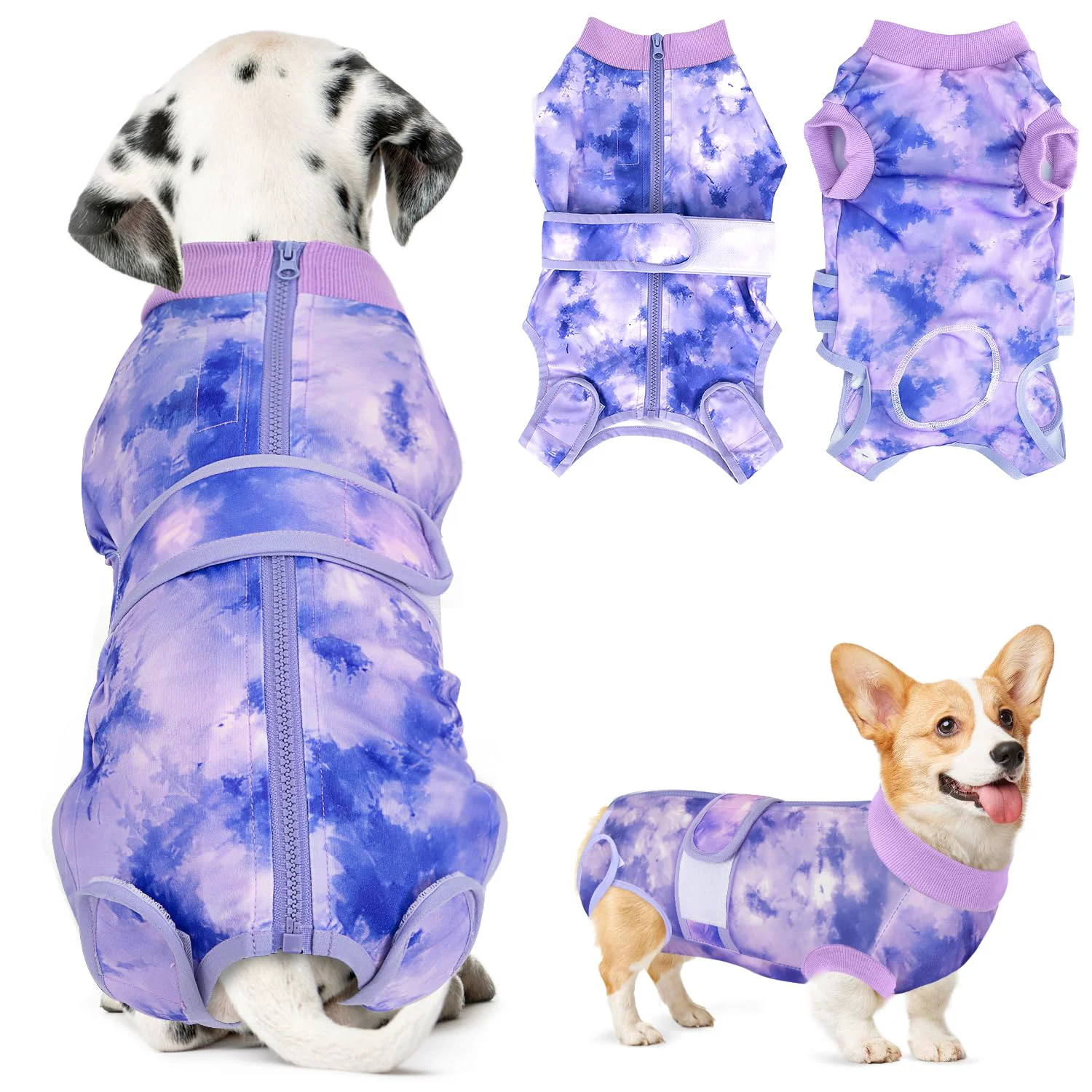 Verified Lukovee Recovery Suit for Dogs – Zipper-On Post-Surgery Dog Onesie Small Purple Tie-Dye Luxury