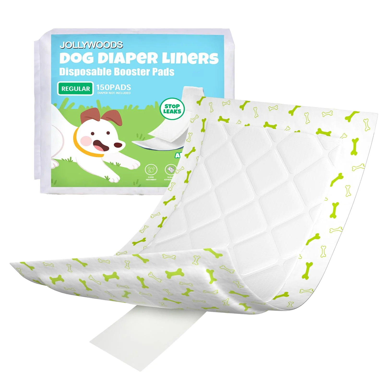 Premium Jollywoods Dog Diaper Liners 150Pcs Super Absorbent Leakproof Booster Pads for Reusable Dog Belly Bands High-End