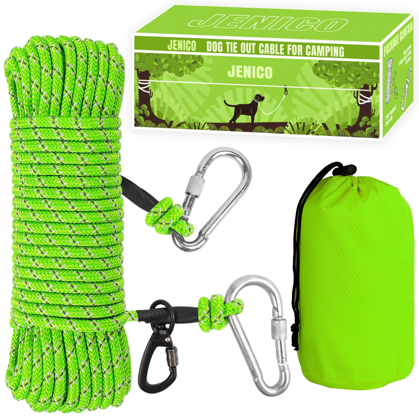 Effective Jenico Dog Tie Out Cable for Camping – 50ft 70ft 100ft Reflective Overhead Trolley System for Dogs Up to 300lbs – Green Soft