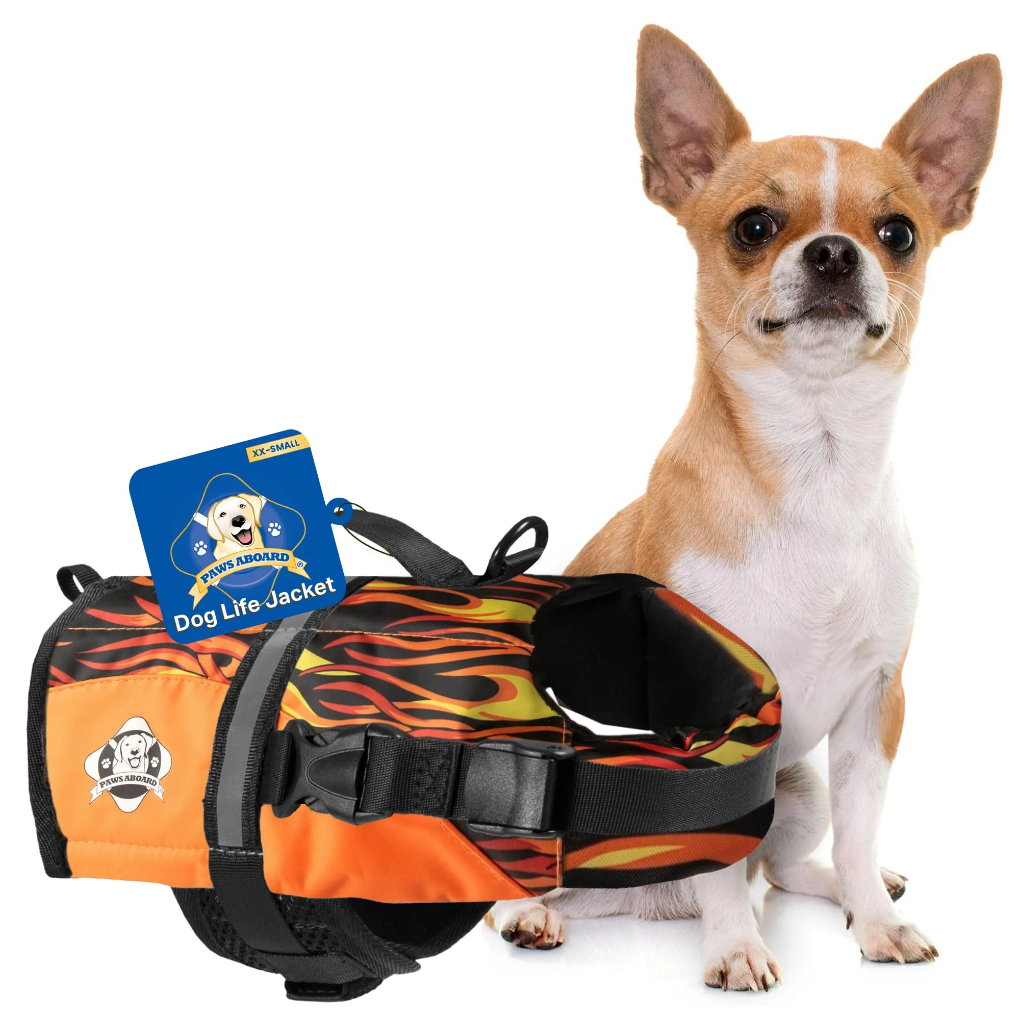 Sustainable Paws Aboard Dog Life Jacket – Racing Flames XX-Small to XL Adjustable Reflective Swimming Vest Breathable