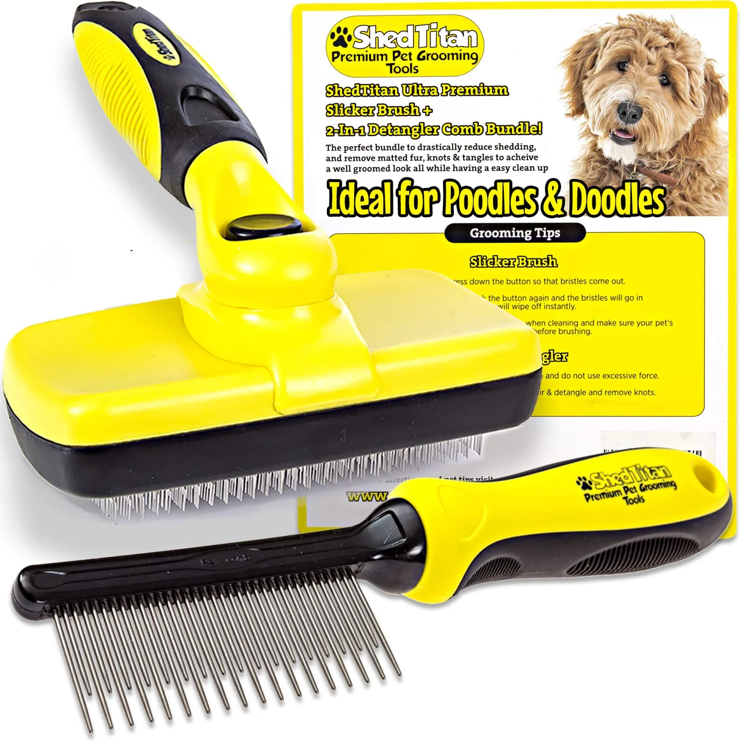 Certified ShedTitan Doodle Brush Slicker Kit — Self-Cleaning Grooming for Poodles Goldendoodles Professional