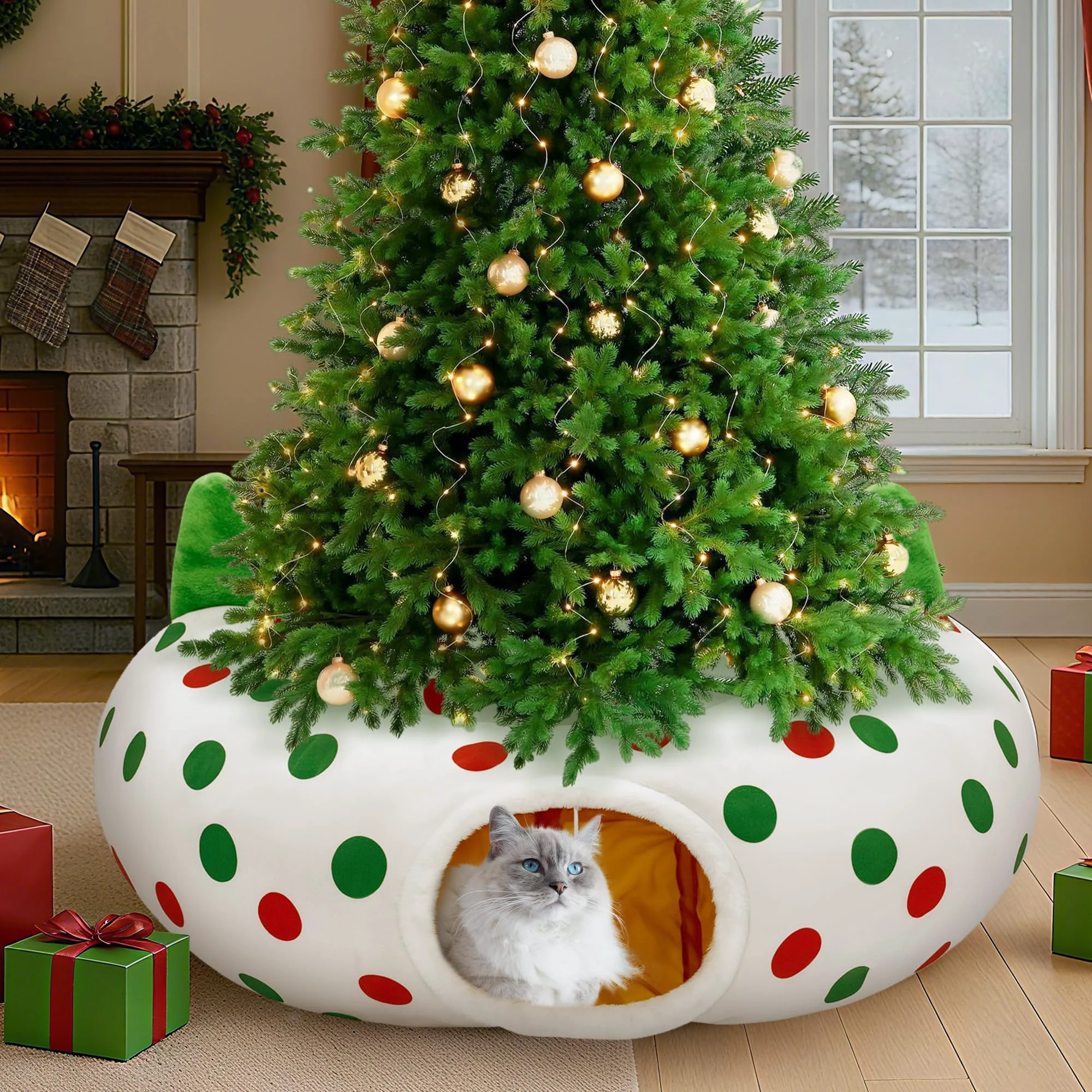 Refined CORALMEE Cat Tunnel Christmas Tree Skirt – 3ft x 3ft x 9.8in Donut Tunnel with Hanging Ball Fast