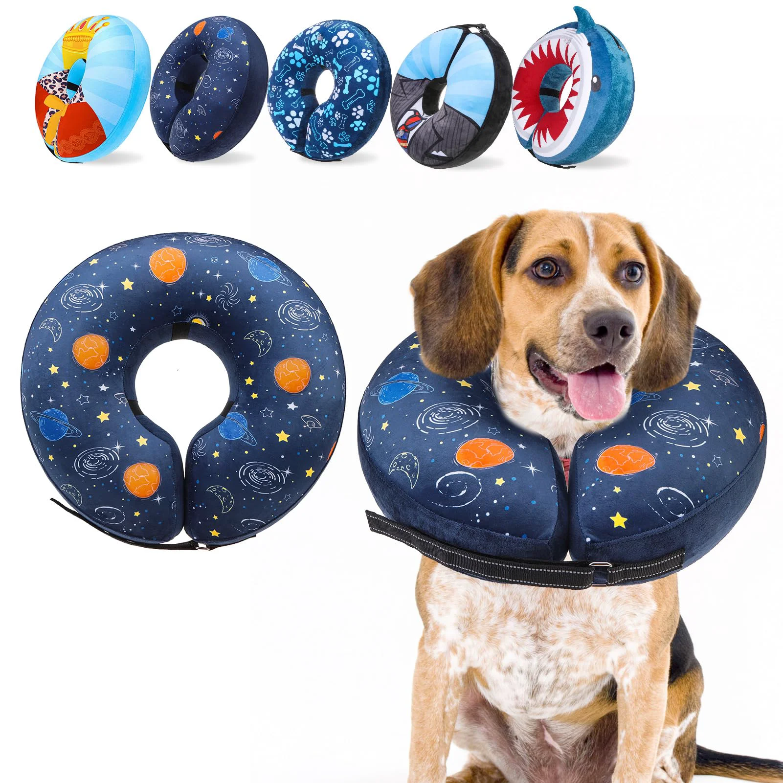 Convenient SCENE Inflatable Donut Collar for Dogs – Planet Print Recovery Pillow M L XL Stylish