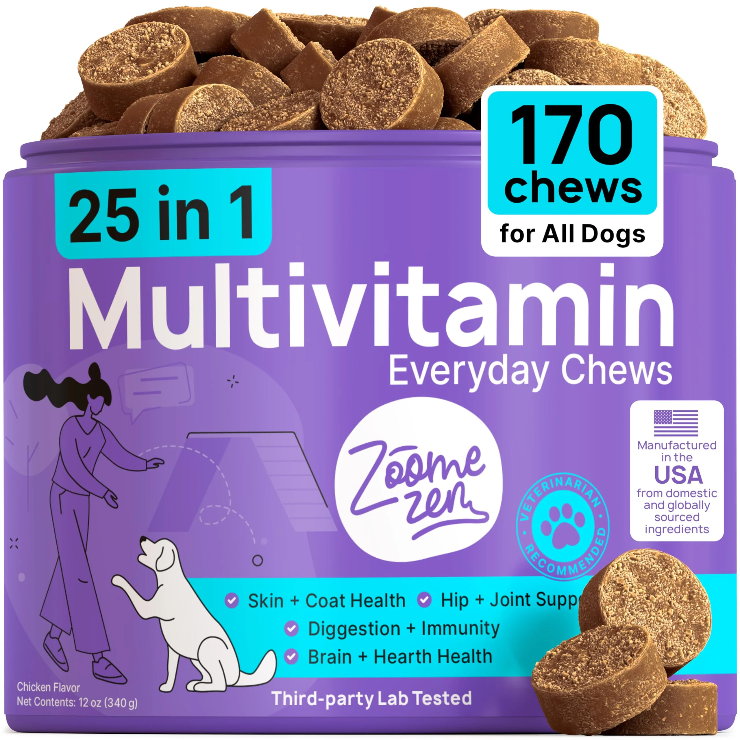 Exceptional ZOOMEZEN Dog Multivitamin Chews with Glucosamine Probiotics Salmon Oil – Skin Joint Immune Support 170 Count – Made in USA Flexible
