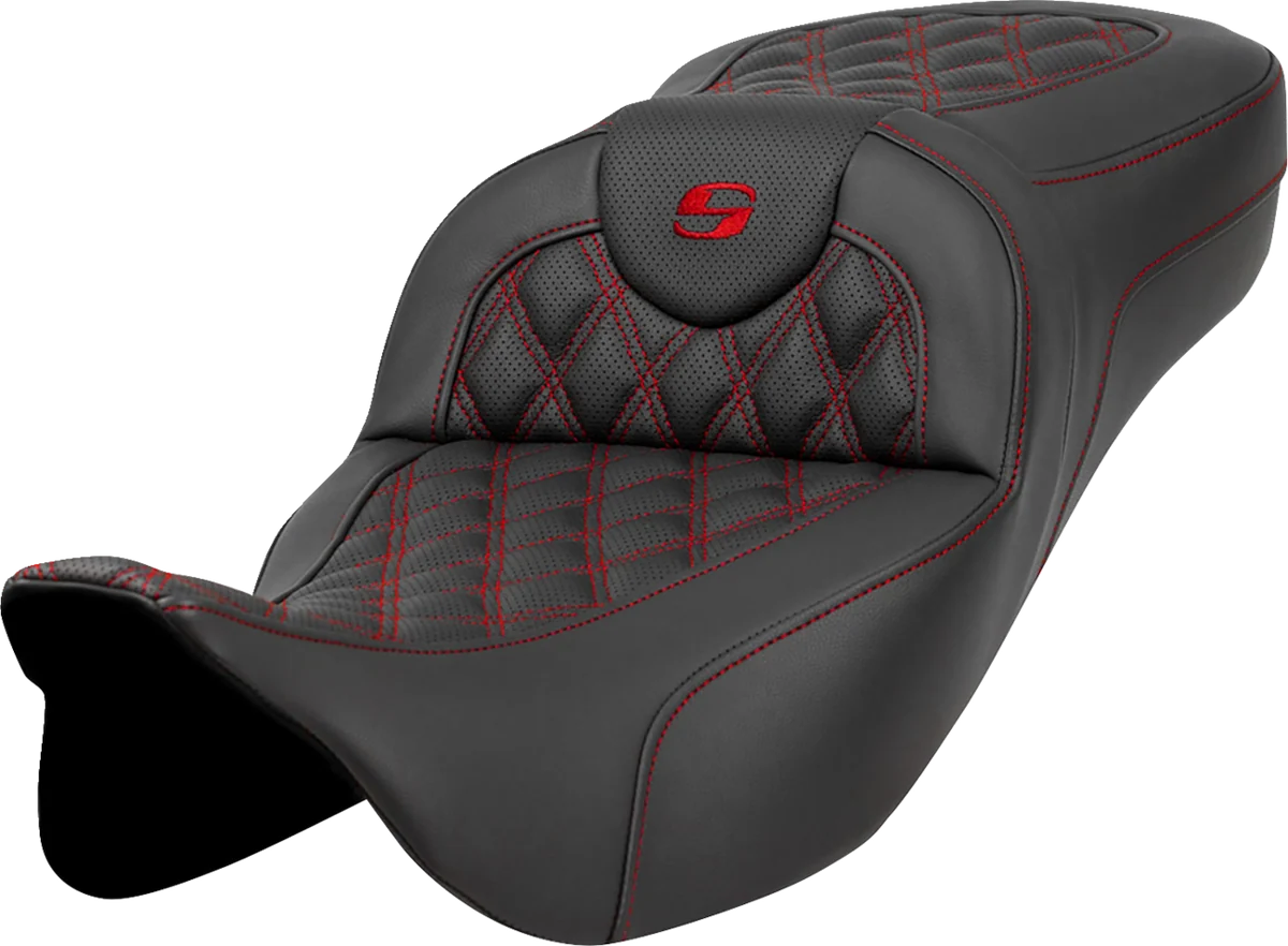 World-Class SADDLEMEN Extended Reach Roadsofa Seat - Lattice Stitch - Red Stitch - without Backrest - FL '08-'23 808-07B-18404 Solid
