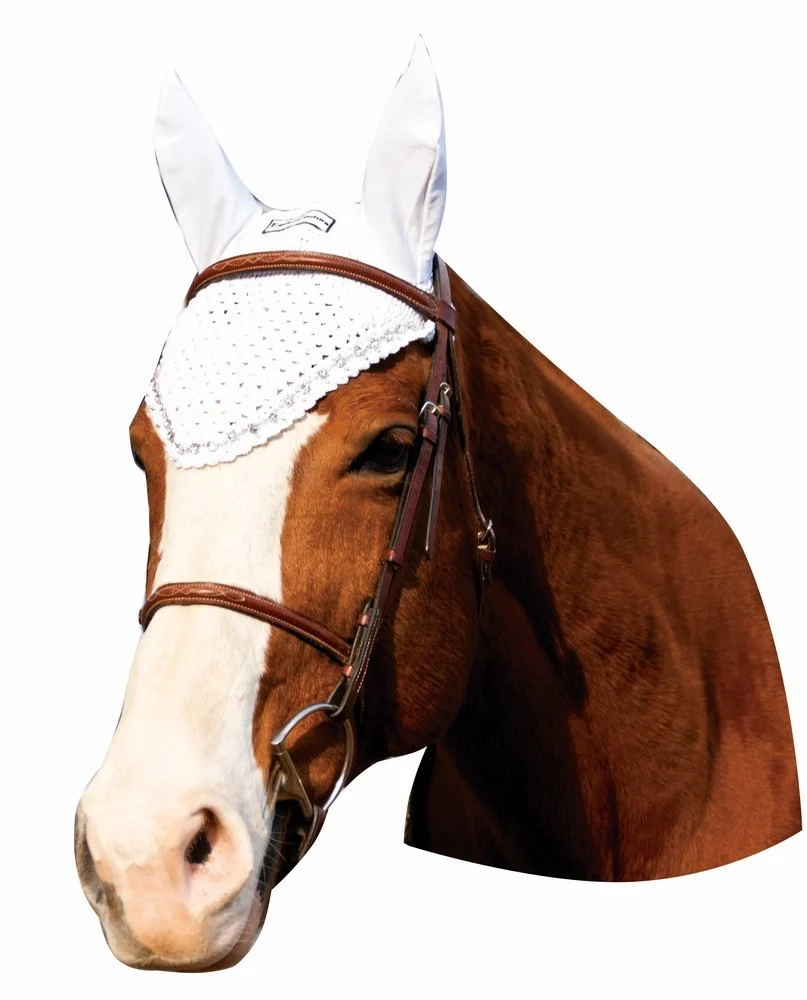 Durable Equine Couture Fly Bonnet with Crystals – White – Full Detailed