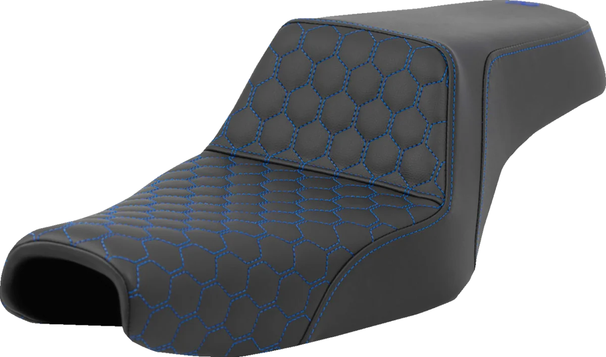 Traditional SADDLEMEN Step-Up Seat - Honeycomb - Blue Stitching - 3.3 Gal Tank - Sportster '04-'22 807-11-17701 Reusable