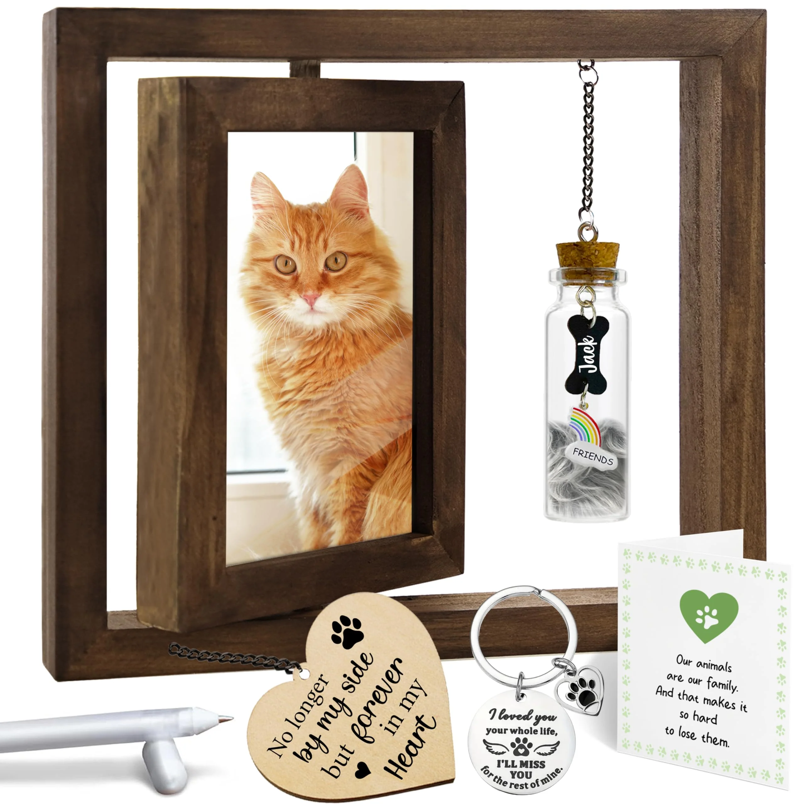 Innovative Vinatimes Pet Memorial Rotating Frame – Wooden 4x6 Keepsake with Fur Jar Rainbow Bridge Keychain Soft