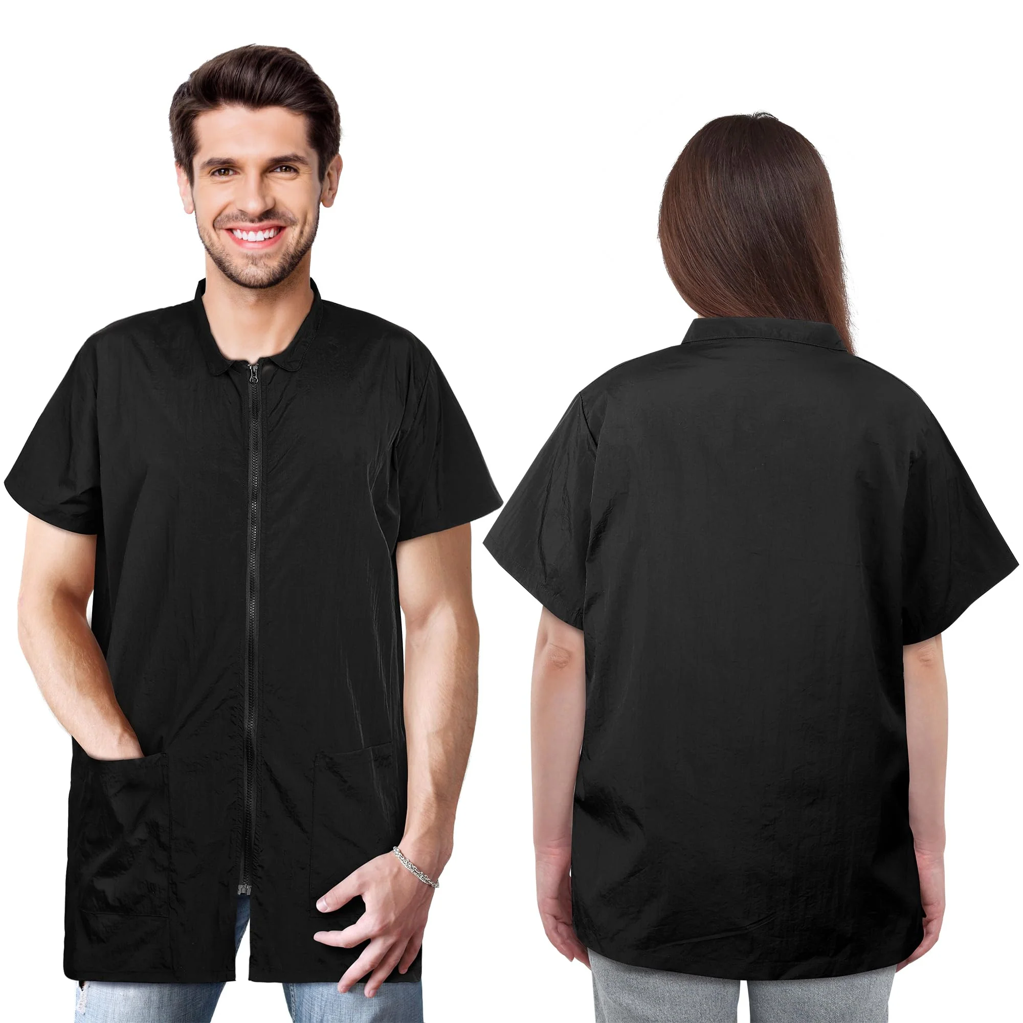 Fashionable MCEAST 2 Pack Black Pet Groomer Uniforms – Water-Resistant Anti-Static Full-Zipper Smocks XX-Large Durable