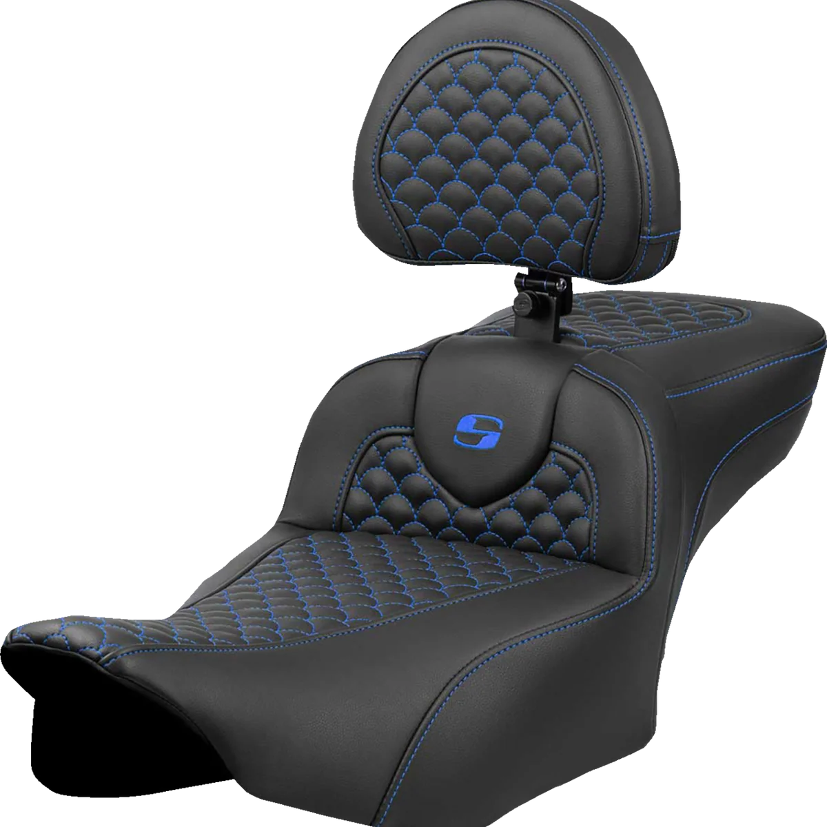 Traditional SADDLEMEN Roadsofa Extended Reach Seat - Dragon Scale Stitch - Blue Stitch - w Backrest - FLTR FLHX '23-'24 823-07-209B1 Quality