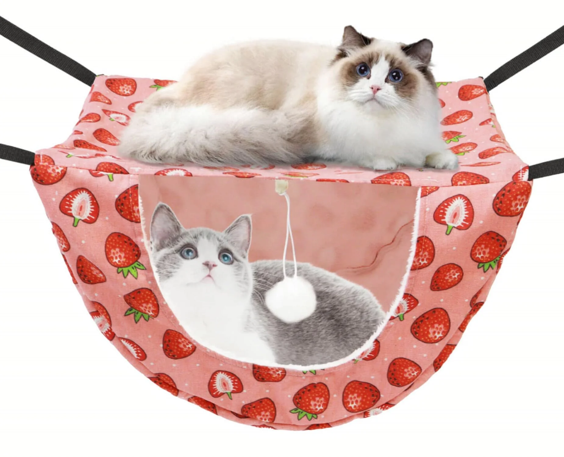 Efficient JSPYFITS Cat Cage Hammock with Ball Double-Layer Soft Pet Bed for Cats Small Pets Pink Strawberries Original