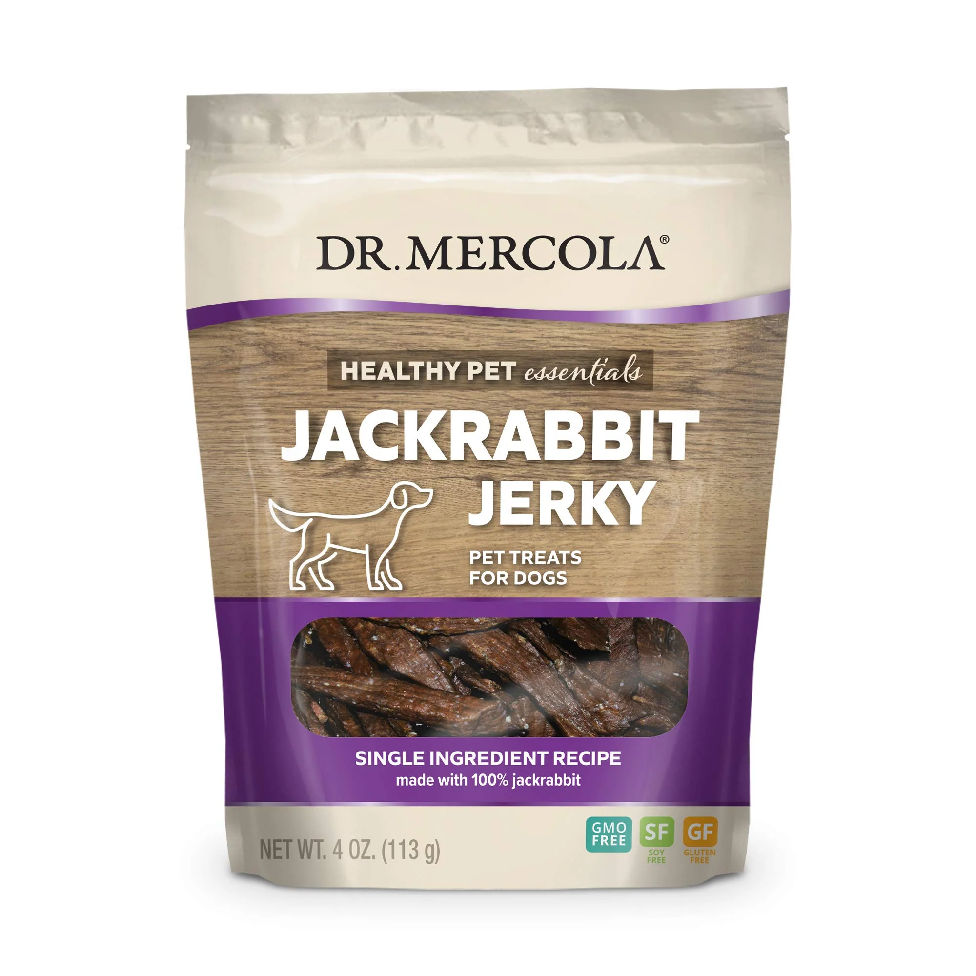 Recyclable Dr. Mercola Jackrabbit Jerky for Dogs - 4 oz Wild Jackrabbit Non-GMO Gluten Soy Official