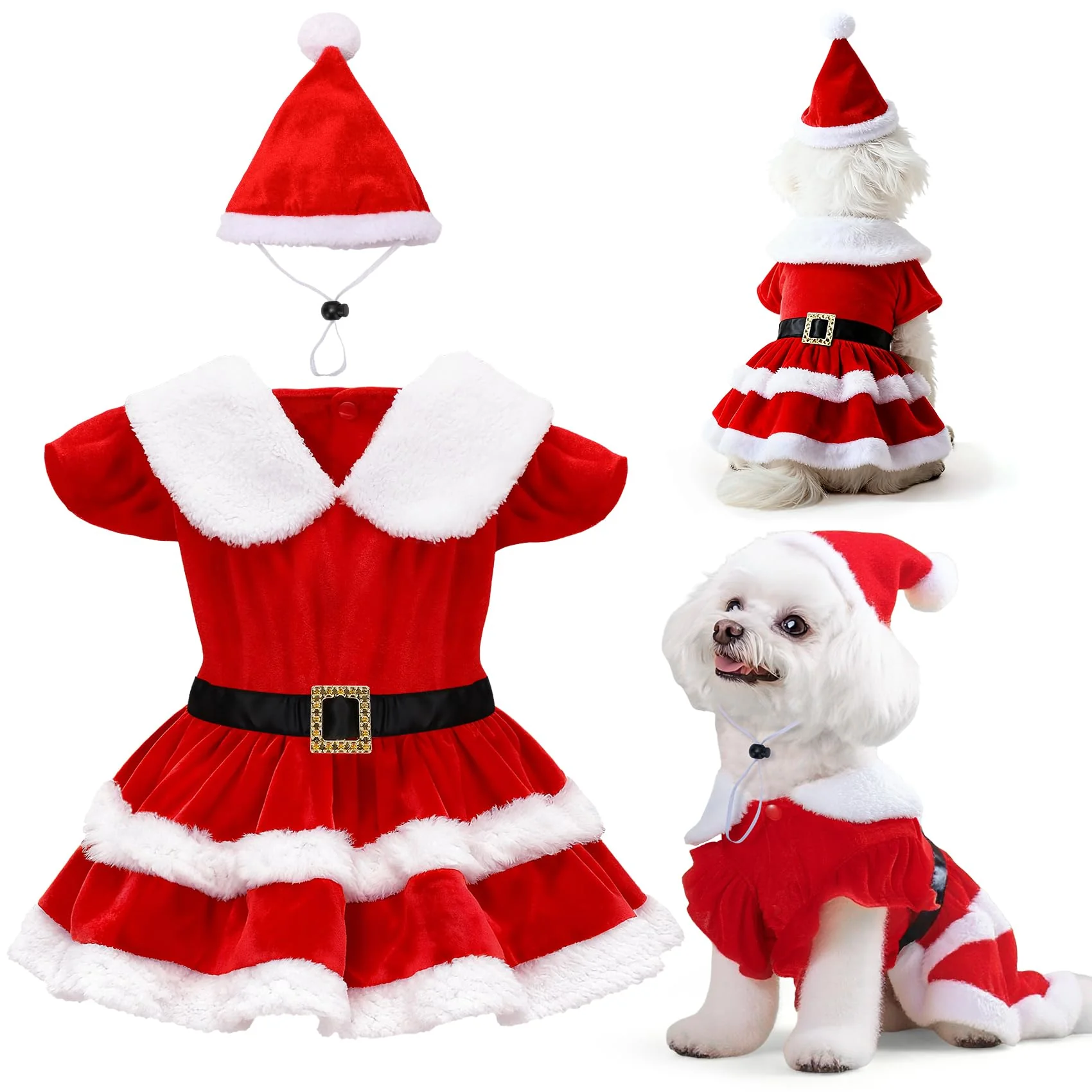 Stylish LLUAII Dog Christmas Dress – Red Velvet Santa Outfit with Hat for Small Dogs Cats 5-22 lbs Elite