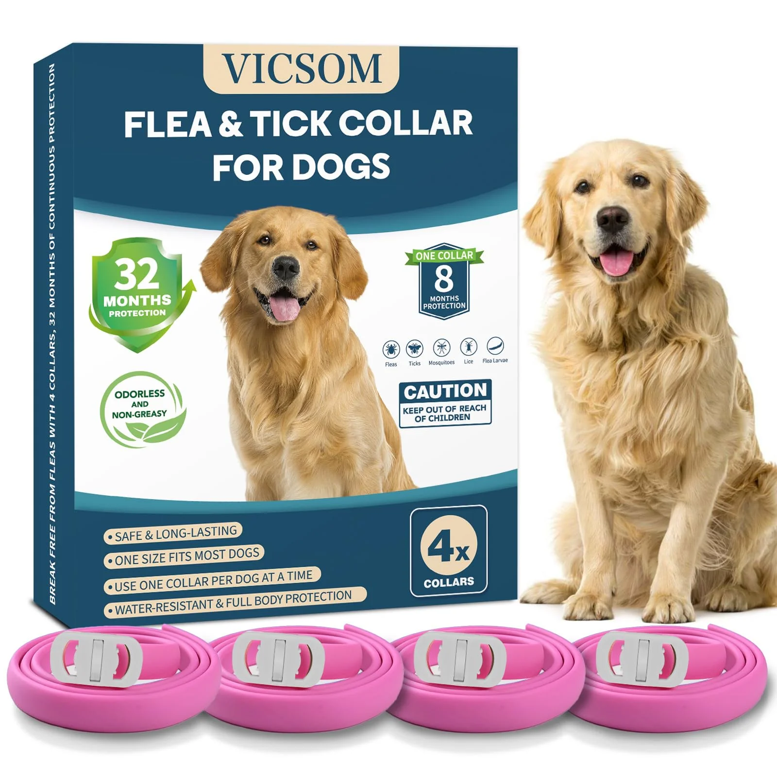 World-Class VICSOM 4 Pack Flea Collar for Dogs – Pink Water-Resistant Adjustable Sustainable