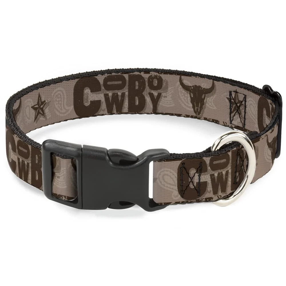 Classic Buckle-Down Pet Collar – Western Cowboy Icons Tan Brown 15-24 Inch Neck 1 Inch Wide ly Licensed Casual