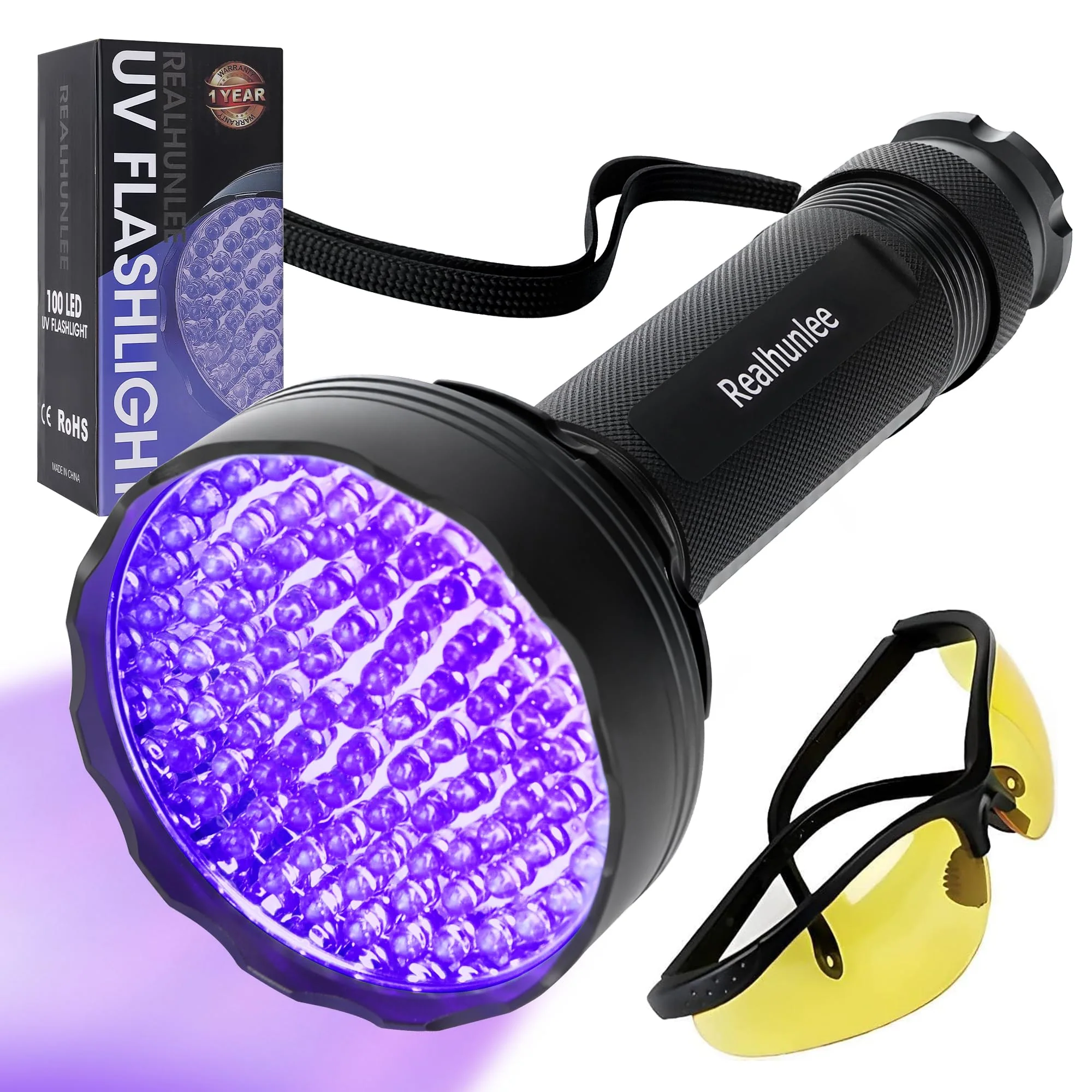 Fine Crafted HUNLEE UV Flashlight Black Light — Ultra-Bright 100 LED 395nm with Protective Glasses Advanced