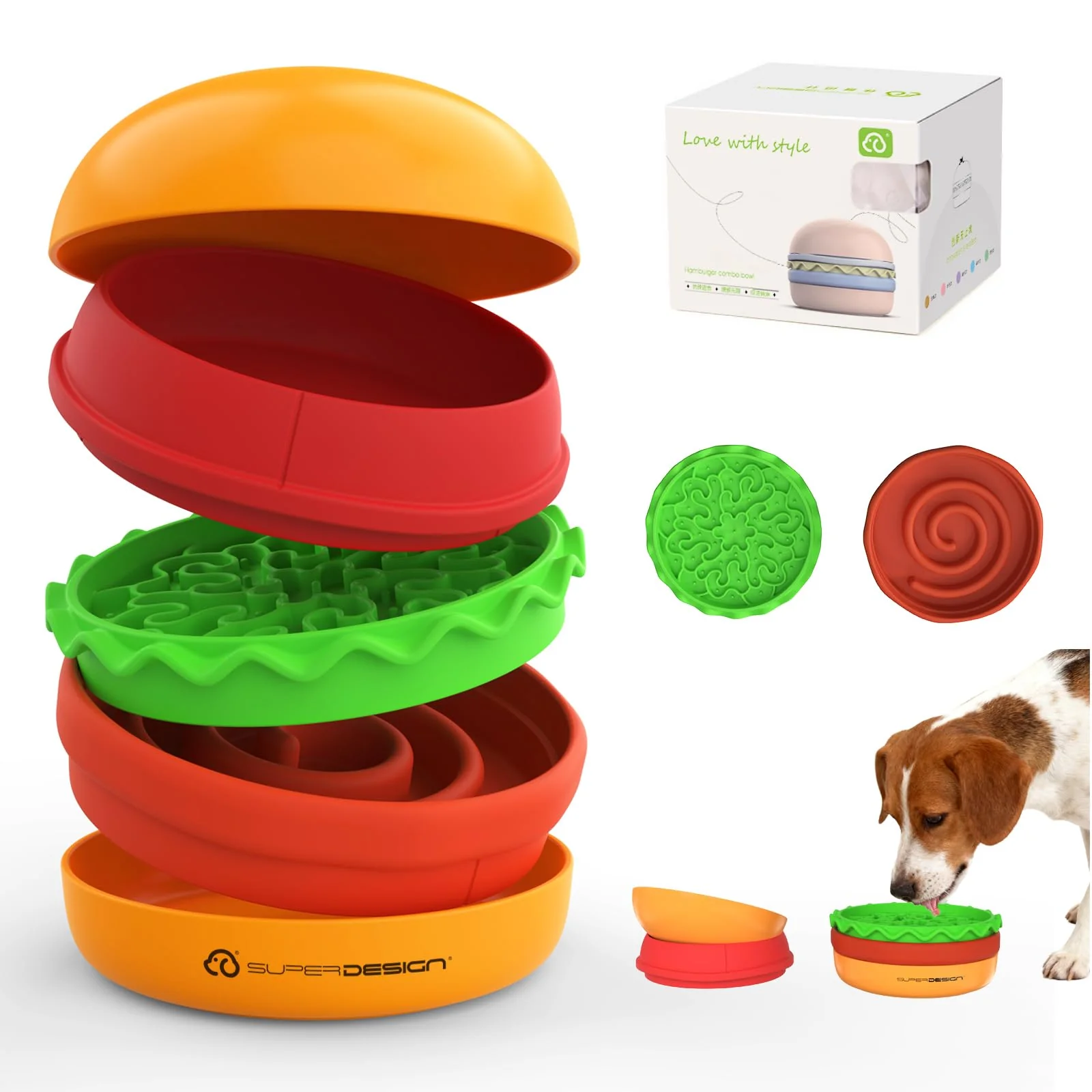 Trusted Super Design 5-in-1 Hamburger-Shape Dog Bowls Set – Stackable Travel-Friendly Orange Premium