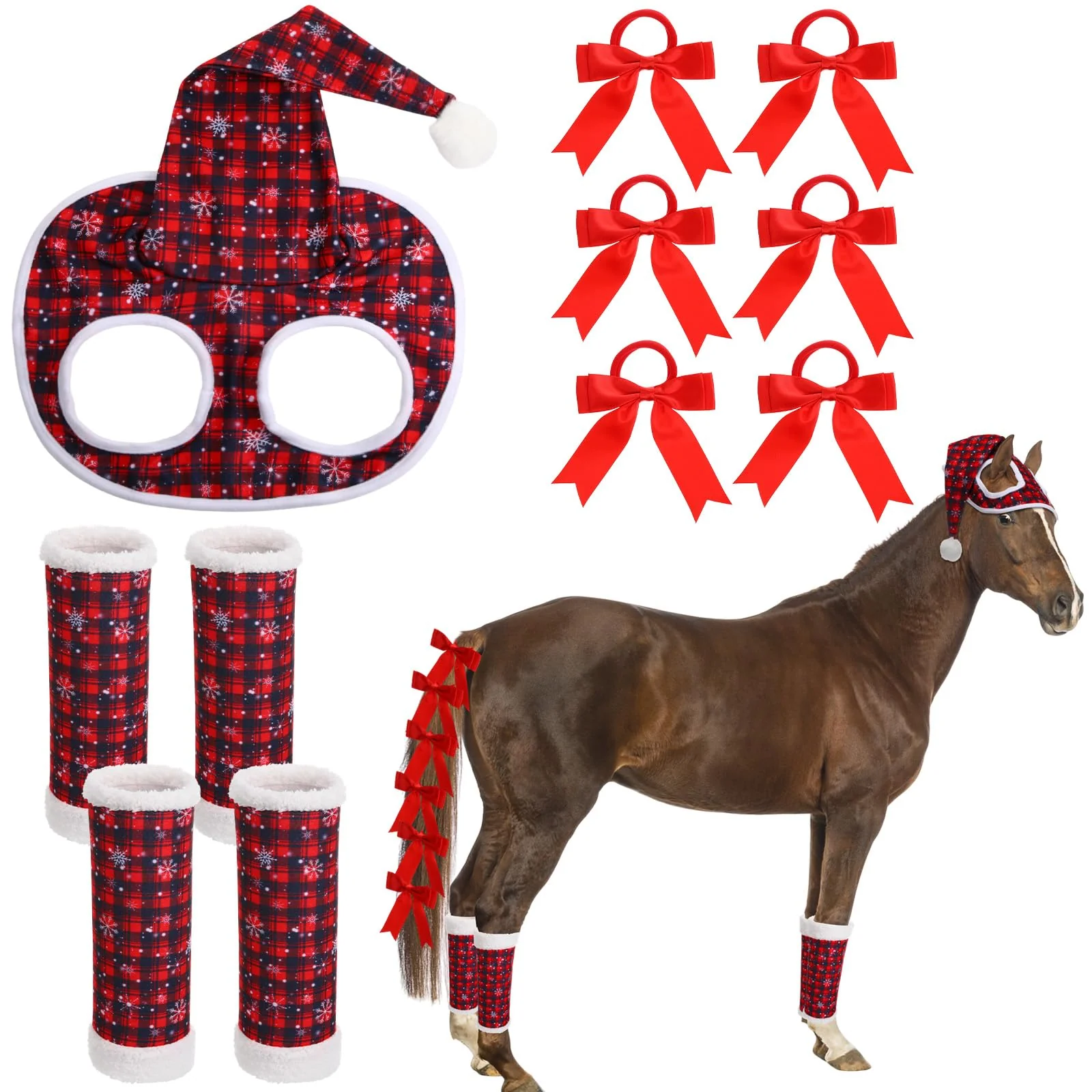 Professional Geyoga 11-Piece Christmas Horse Accessory Set Santa Hat Leg Wraps Ribbon Bows for Holiday Horse Costume Effective