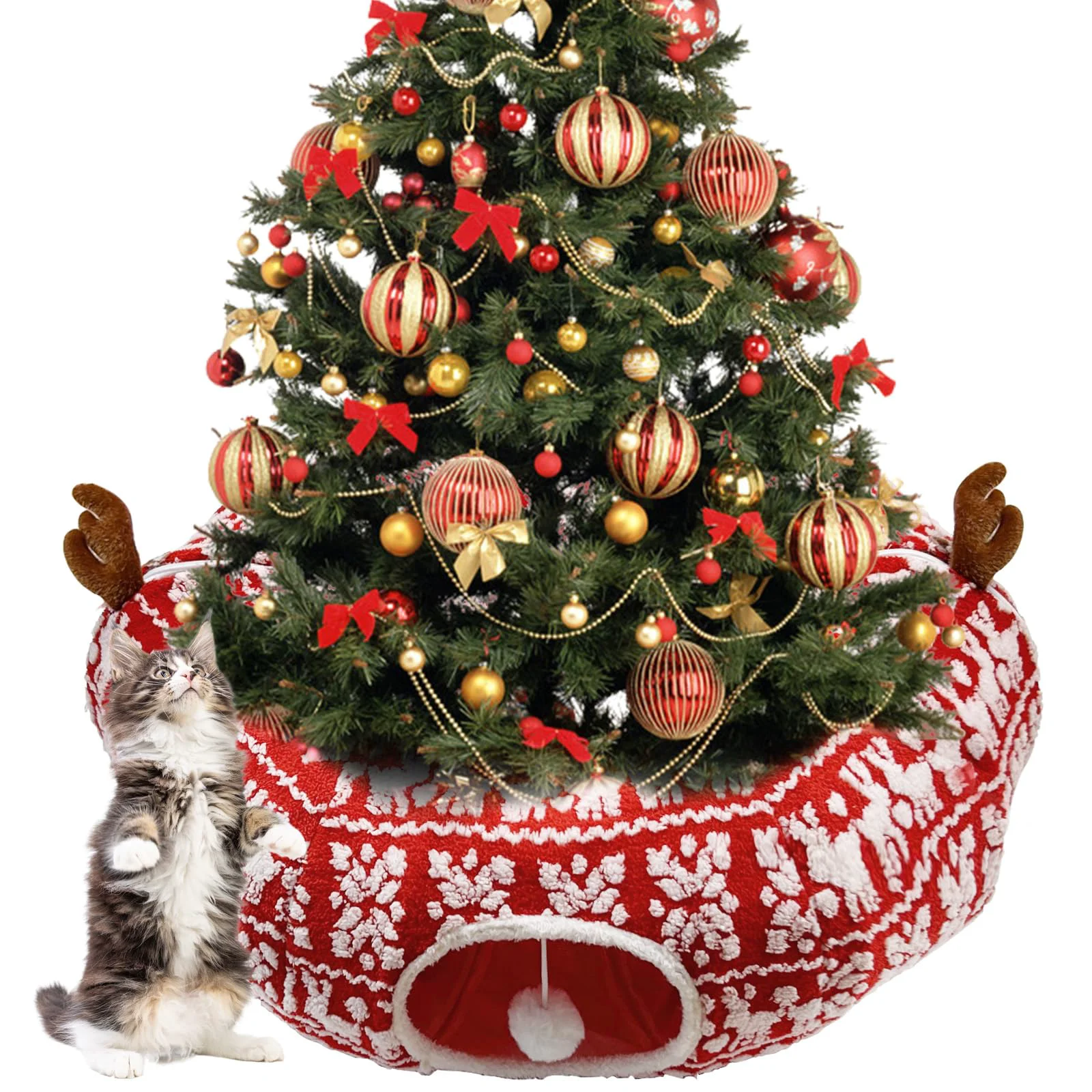 High-Grade DTGDASCF Cat Donut Tunnel for Christmas Tree – Warm Red Cat Tube Tree Skirt 37x37x10 Responsible