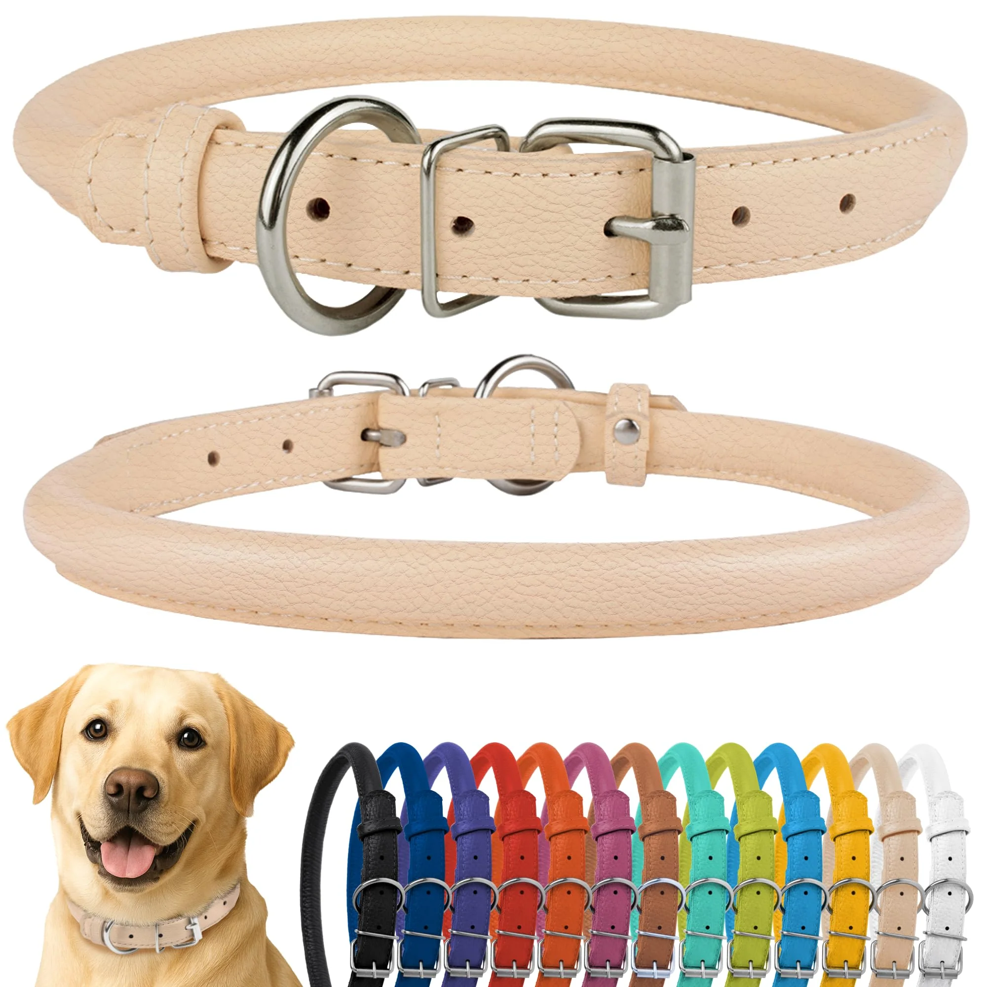 World-Class CollarDirect Rolled Leather Dog Collar — Soft Padded 18-22 Inch Beige Textured 13 Colors Classic