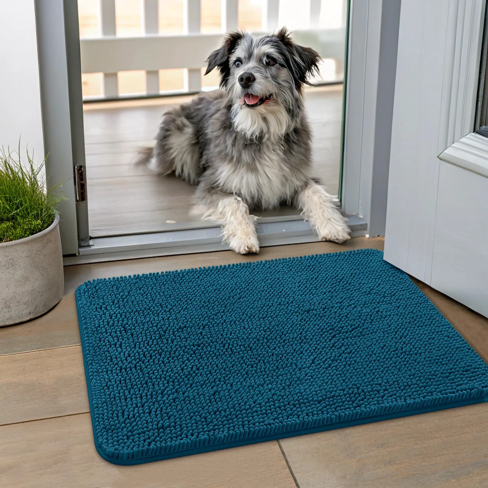 Easy-to-Use Smiry Dog Door Mat for Muddy Paws 24x16 Absorbs Moisture Dirt Non-Slip Chenille Entryway Rug - Atlantic Blue Dependable