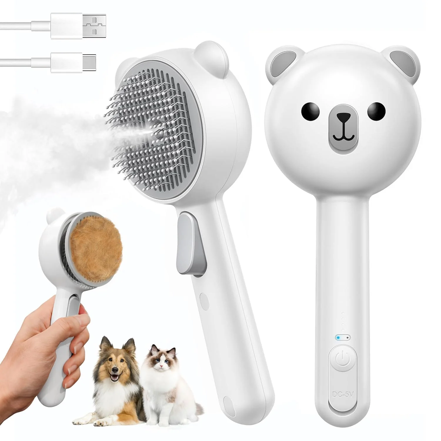 Casual Pecait Cat Steam Brush — 3-in-1 Self-Cleaning Grooming Tool Waterproof Release Button Smart